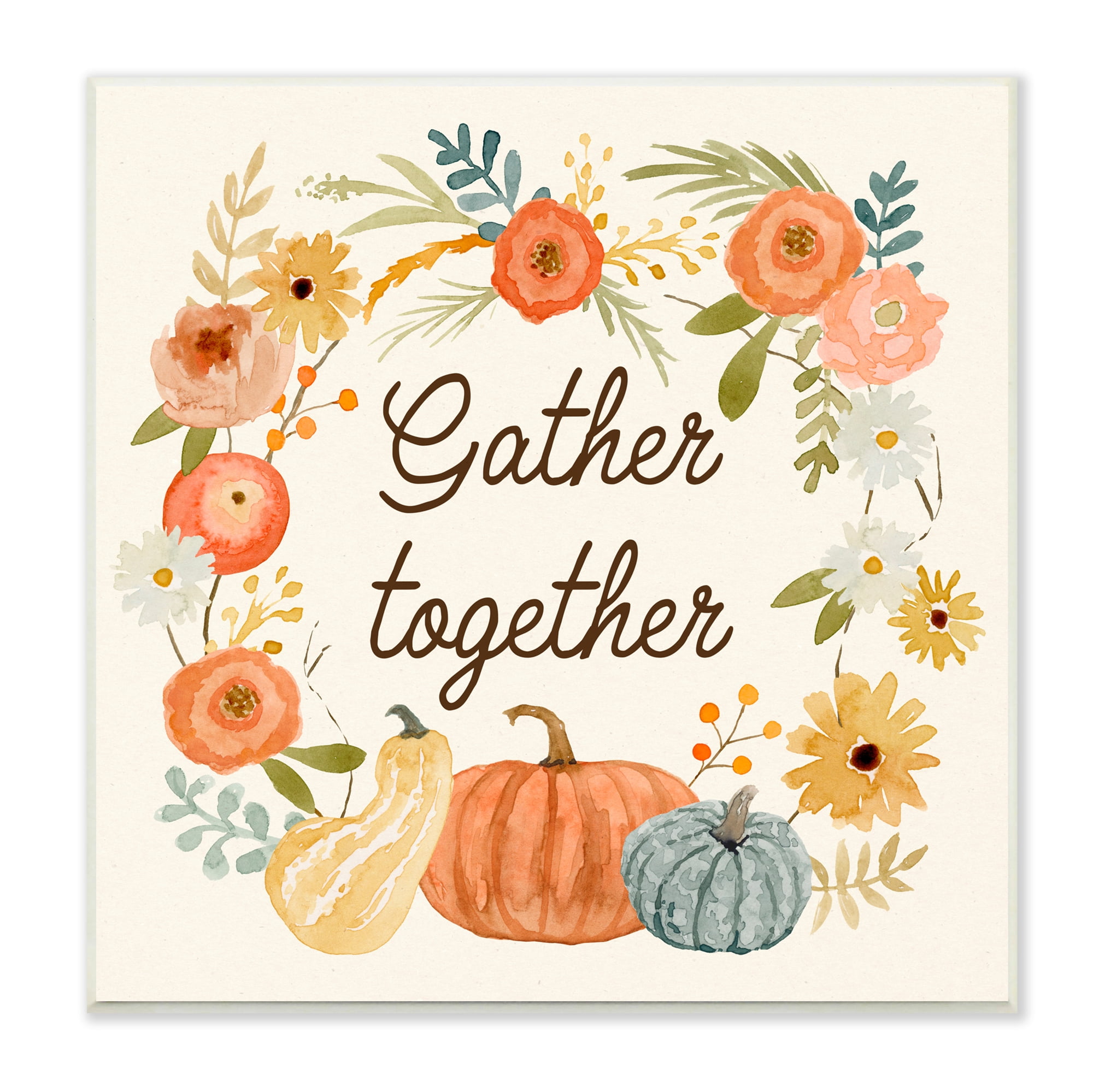 Stupell Industries Gather Together Phrase Orange Floral Wreath Pumpkin Gourd, 12 x 12, Design by Victoria Barnes