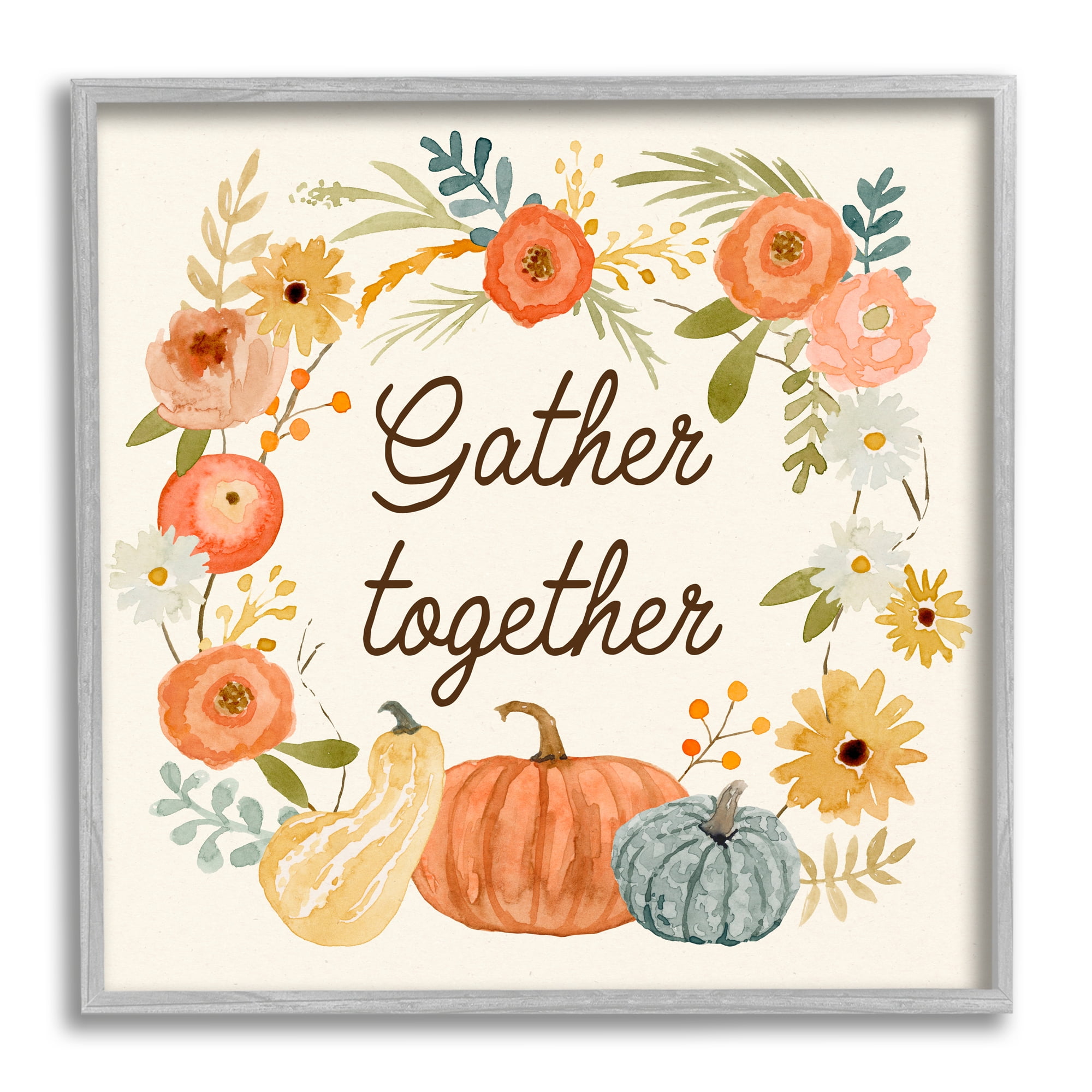 Stupell Industries Gather Together Phrase Orange Floral Wreath Pumpkin Gourd, 24 x 24, Design by Victoria Barnes