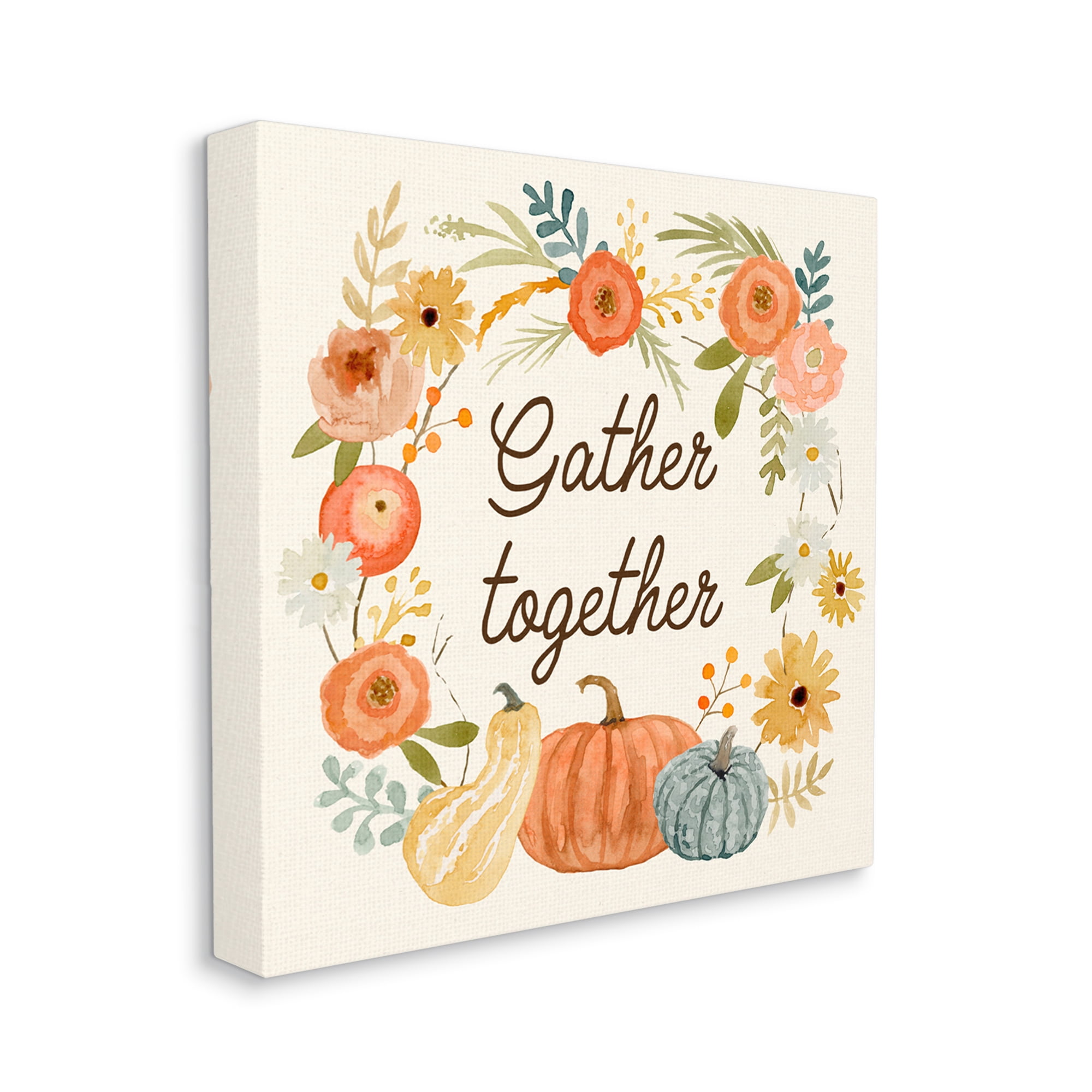 Stupell Industries Gather Together Phrase Orange Floral Wreath Pumpkin Gourd, 30 x 30, Design by Victoria Barnes