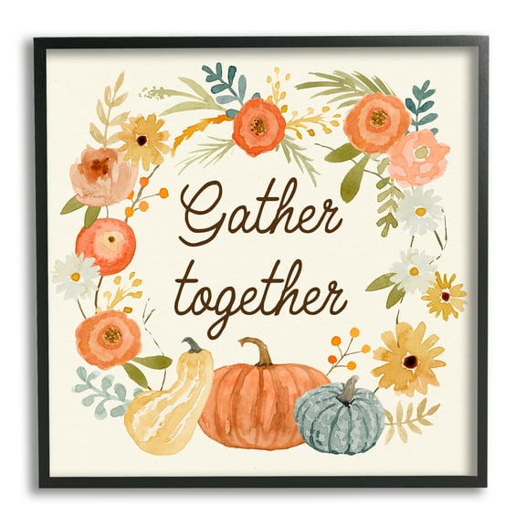 Stupell Industries Gather Together Phrase Orange Floral Wreath Pumpkin Gourd Inspirational Painting Black Framed Art Print Wall Art, 24 x 24