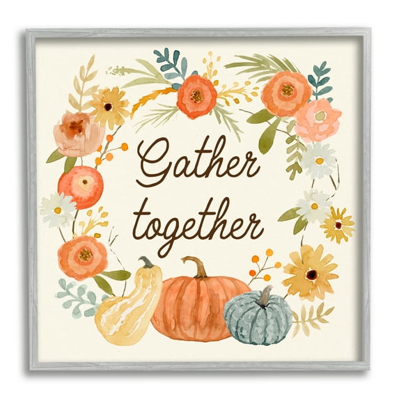 Stupell Industries Gather Together Phrase Orange Floral Wreath Pumpkin Gourd Modern Painting Gray Framed Art Print Wall Art, 12 x 12, Design by Victoria Barnes