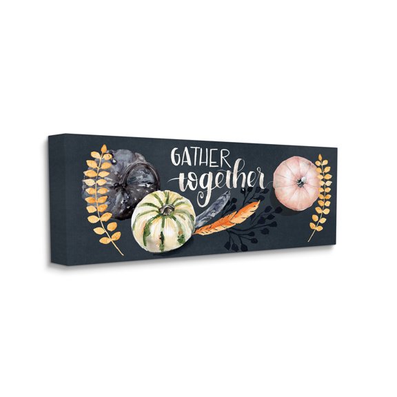 Stupell Industries Gather Together Pumpkin Harvest Phrase Feathers Deep Blue, 10 x 24, Designed by Jennifer Paxton Parker
