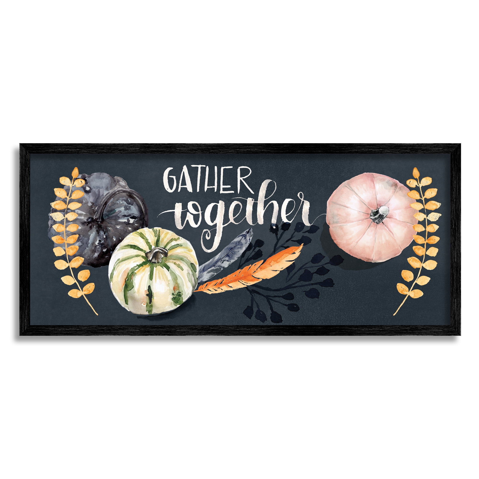 Stupell Industries Gather Together Pumpkin Harvest Phrase Feathers Deep Blue, 10 x 24, Designed by Jennifer Paxton Parker