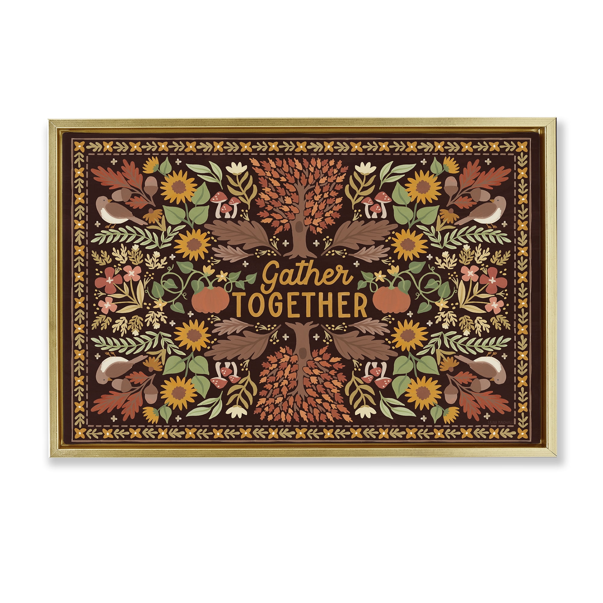 Stupell Industries Gather Together on Brown Landscape Painting Gold Floater Framed Canvas Art Prints Wall Art, 25 x 17