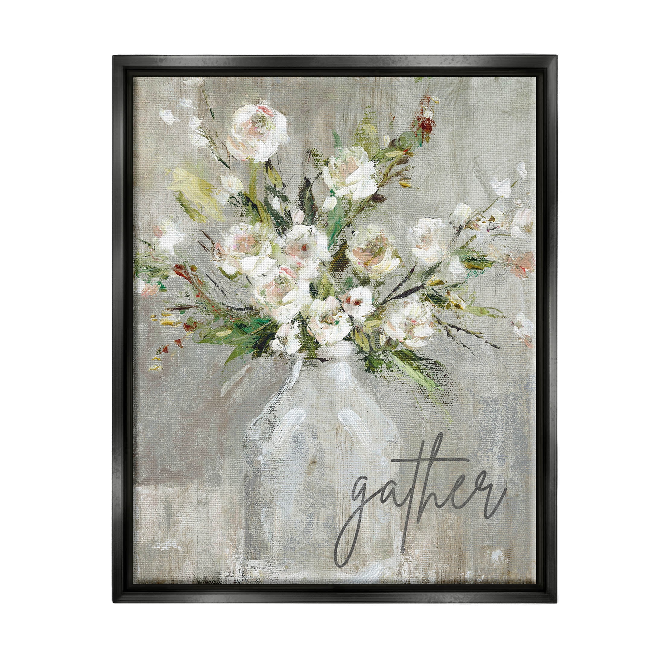 Stupell Industries Gather White Floral Bouquet Graphic Art Jet Black Floating Framed Canvas Print Wall Art, Design by Carol Robinson