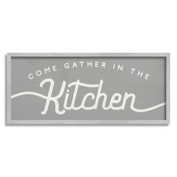 Stupell Industries Gather in the Kitchen Sign Rustic Family Phrase Food & Beverage Painting Gray Framed Art Print Wall Art, 13 x 30