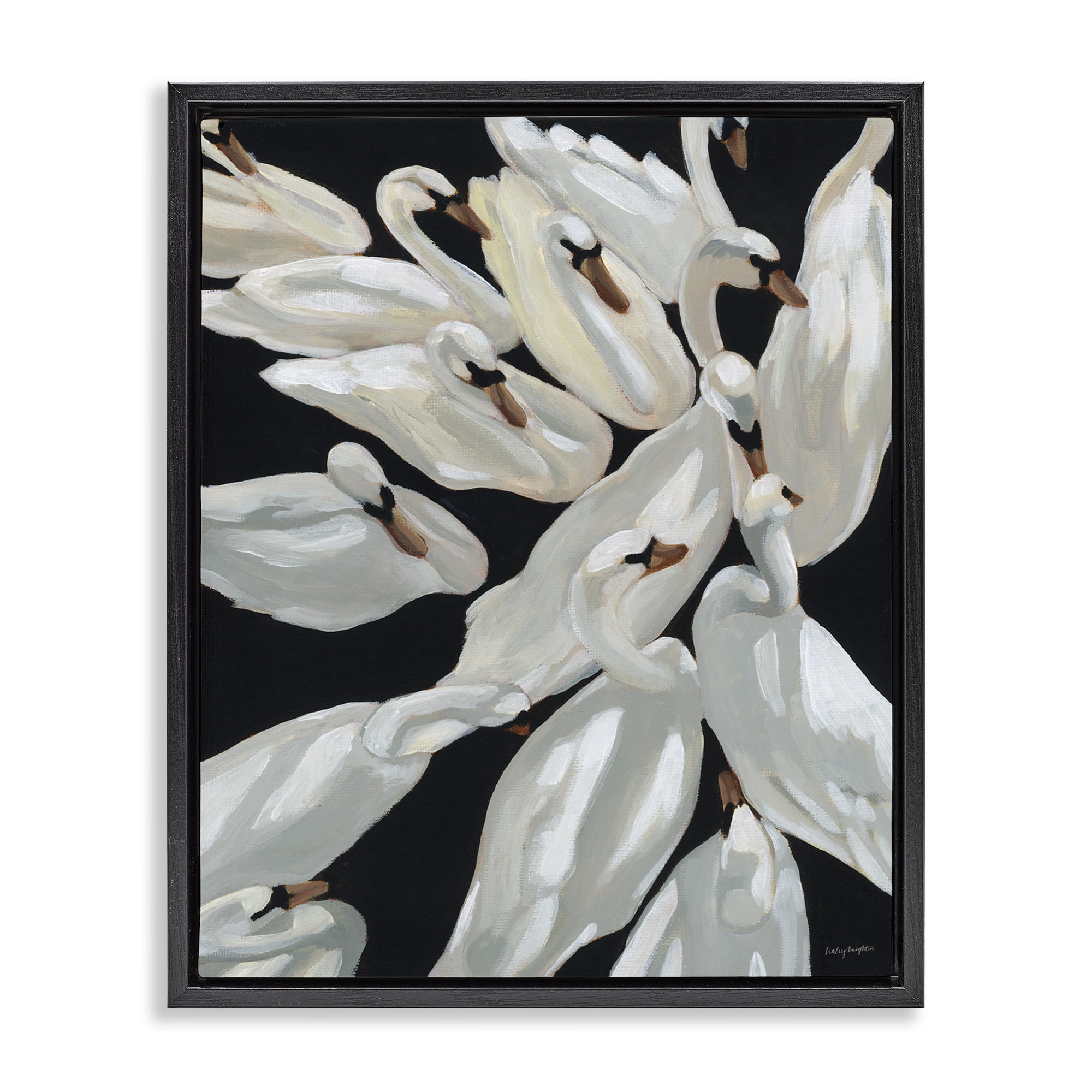 Stupell Industries Gathered Swans Swimming Animals & Insects Painting Black Floater Framed Canvas Art Print Wall Art, 25 x 31