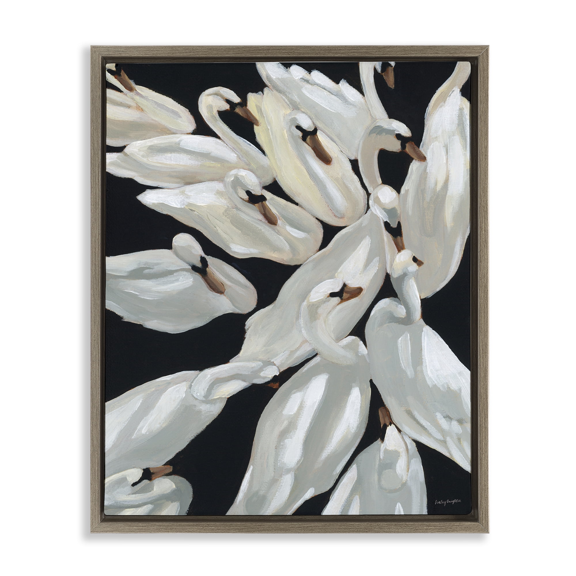 Stupell Industries Gathered Swans Swimming Animals & Insects Painting Brown Floater Framed Canvas Art Print Wall Art, 25 x 31