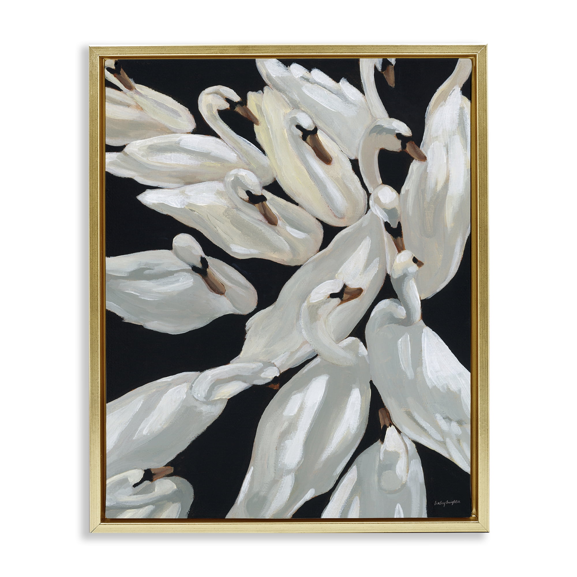 Stupell Industries Gathered Swans Swimming Animals & Insects Painting Gold Floater Framed Canvas Art Print Wall Art, 25 x 31
