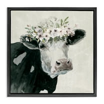 Stupell Industries Gazing Cow with Florals Animals & Insects Painting Black Floater Framed Canvas Art Print Wall Art, 18 x 18
