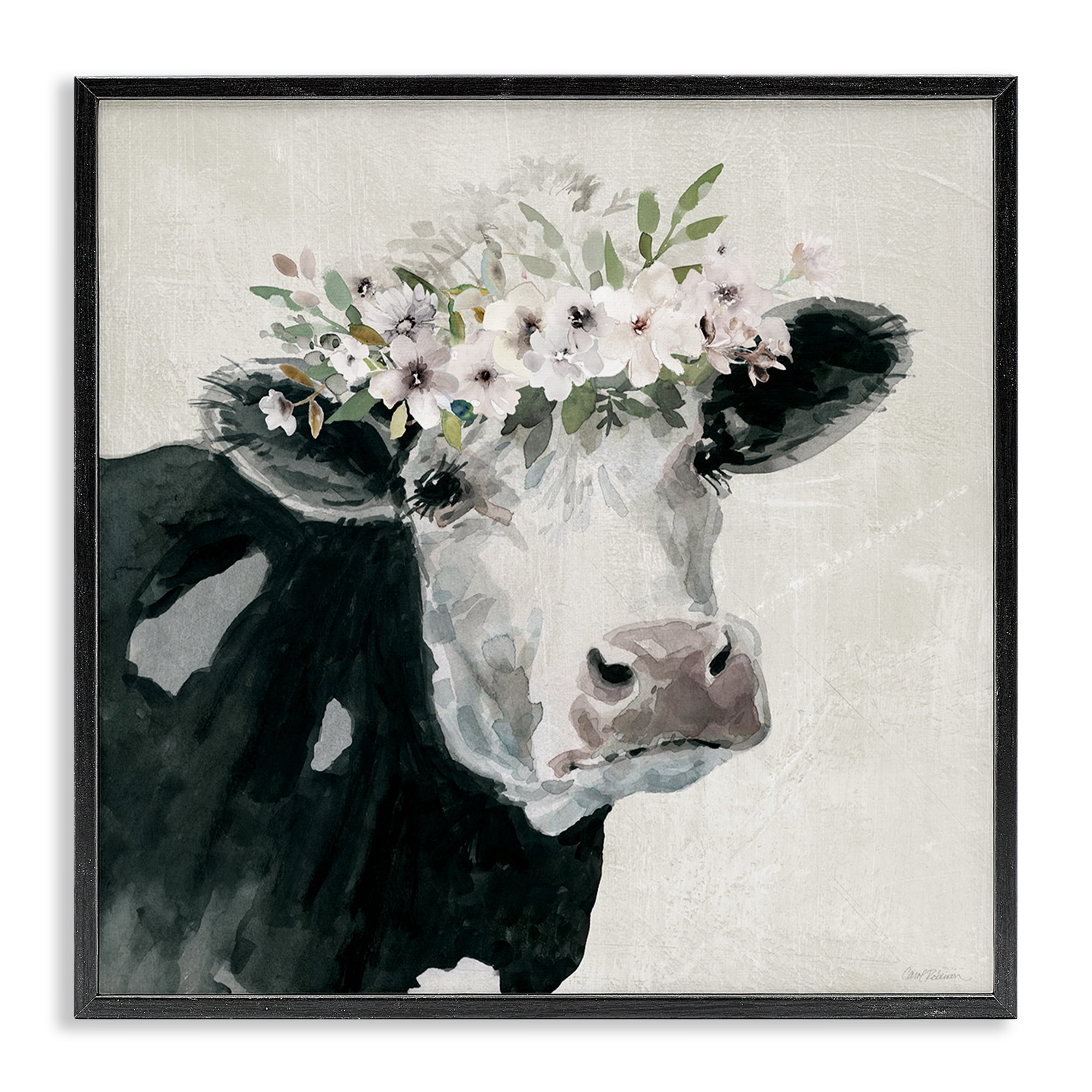 Stupell Industries Gazing Cow with Florals Animals & Insects Painting Black Framed Art Print Wall Art, 24 x 24