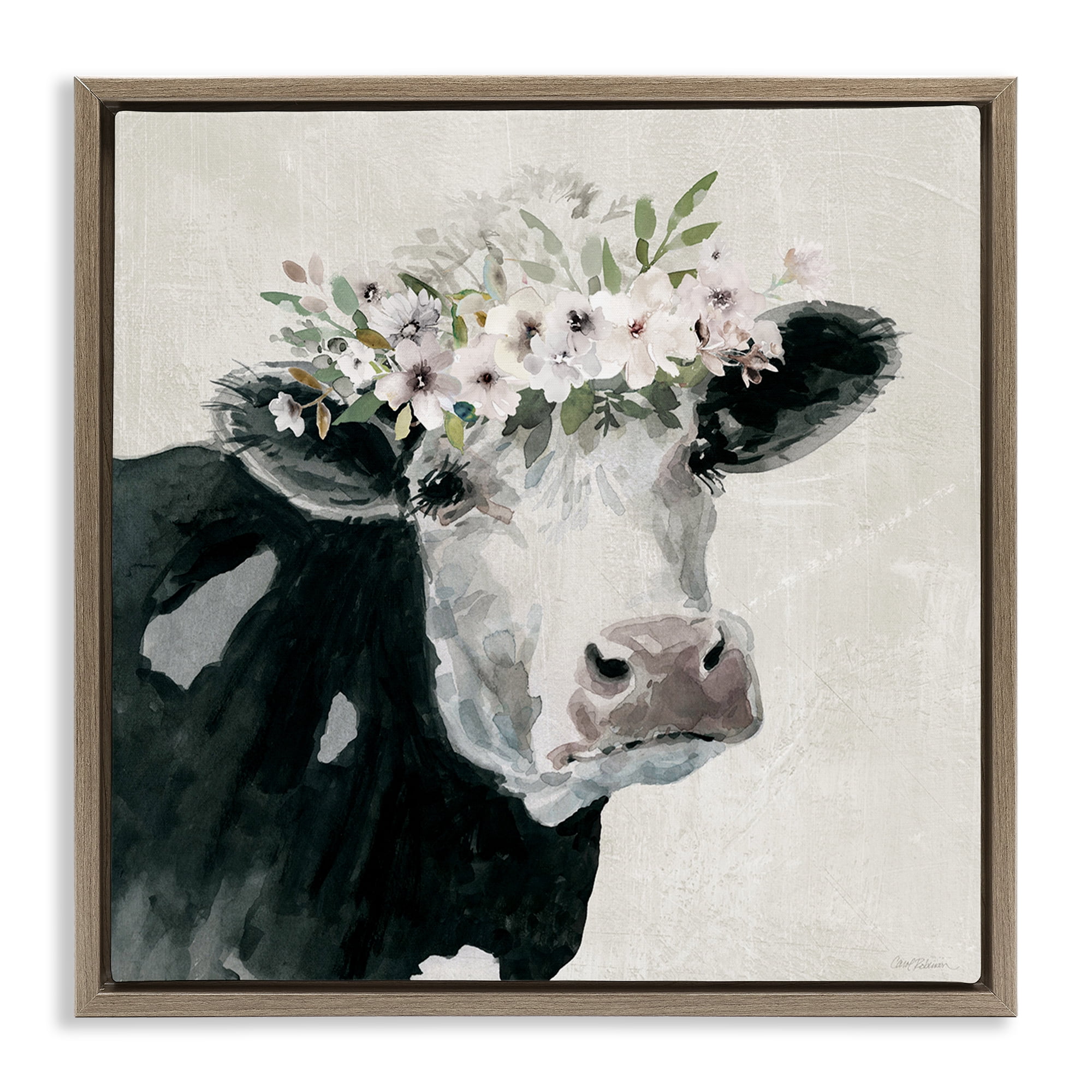 Stupell Industries Gazing Cow with Florals Animals & Insects Painting Brown Floater Framed Canvas Art Print Wall Art, 18 x 18