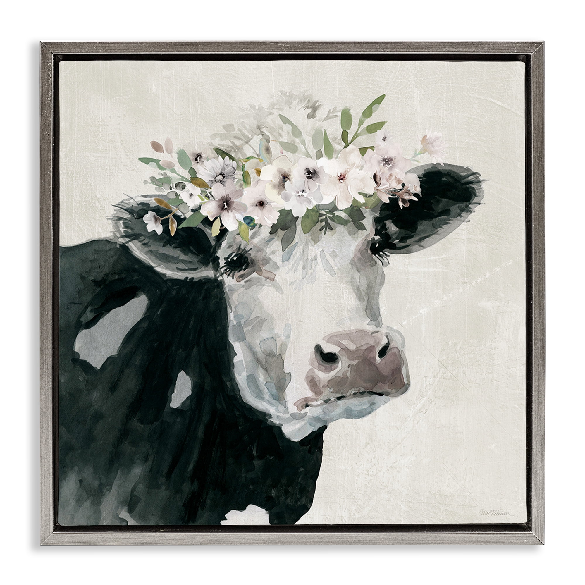 Stupell Industries Gazing Cow with Florals Animals & Insects Painting Gray Floater Framed Canvas Art Print Wall Art, 25 x 25