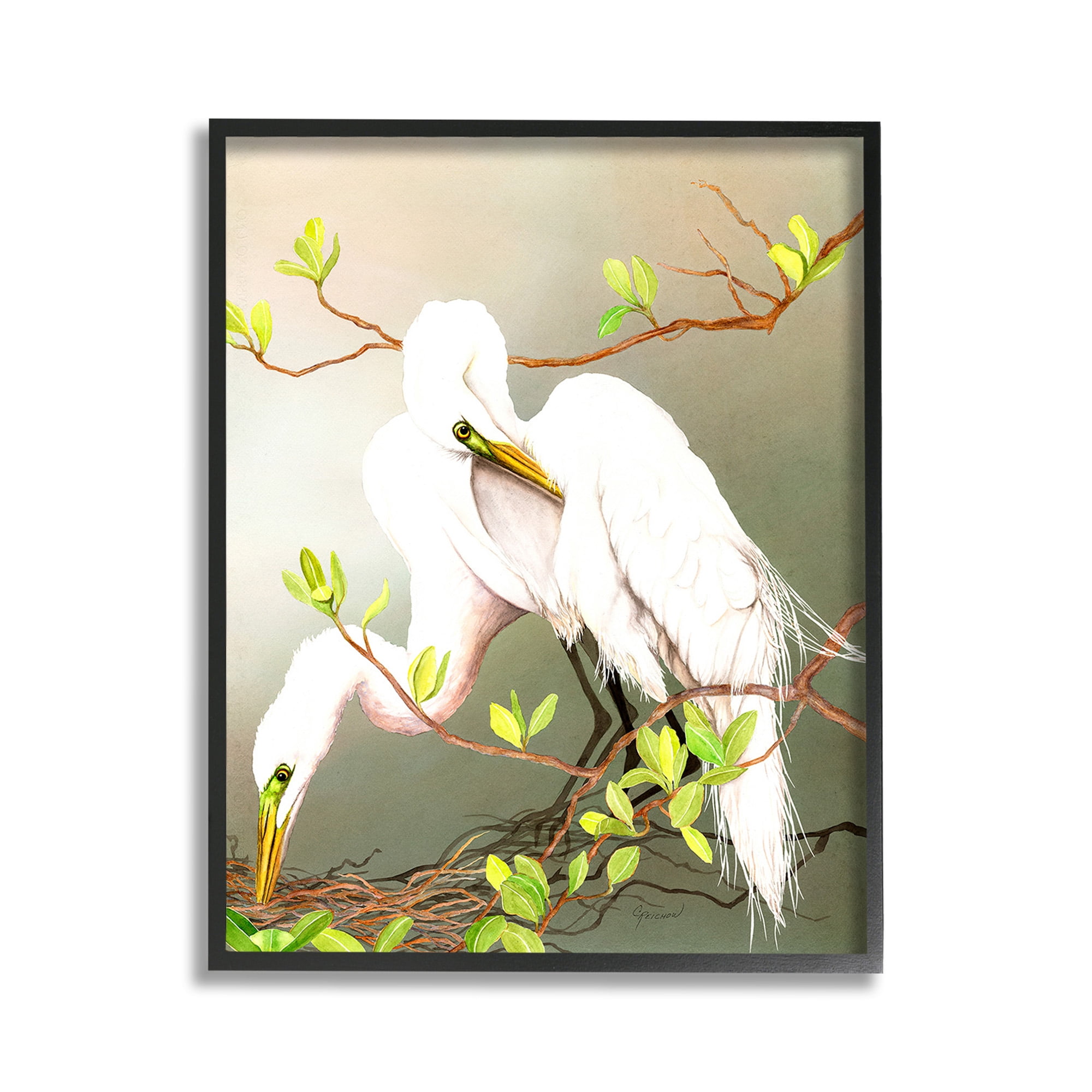 Stupell Industries Gazing Egrets on Branch Animals & Insects Painting Black Framed Art Print Wall Art, 11 x 14