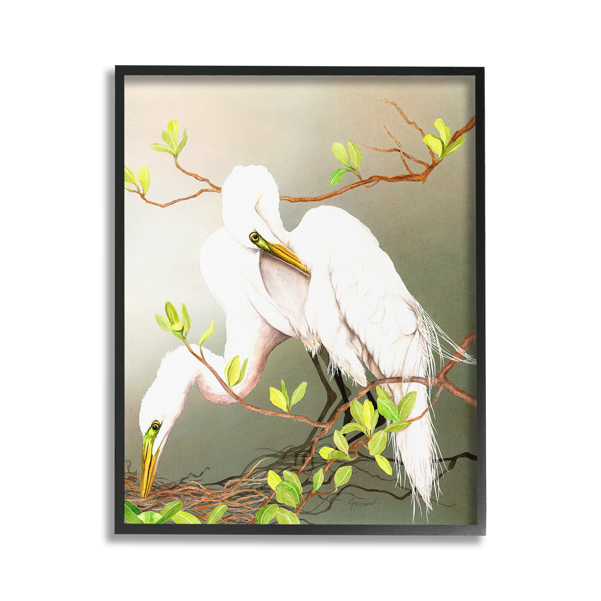 Stupell Industries Gazing Egrets on Branch Animals & Insects Painting Black Framed Art Print Wall Art, 24 x 30