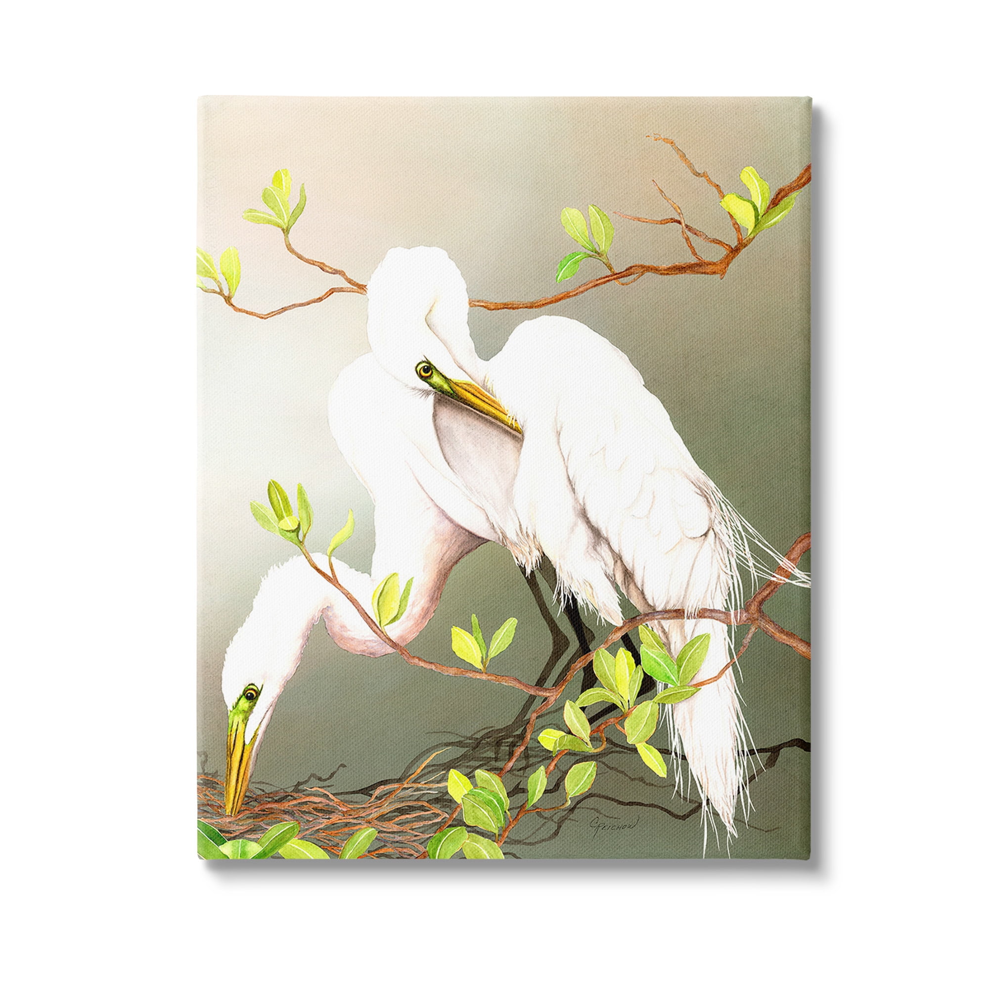 Stupell Industries Gazing Egrets on Branch Animals & Insects Painting Gallery Wrapped Canvas Art Print Wall Art, 36 x 48
