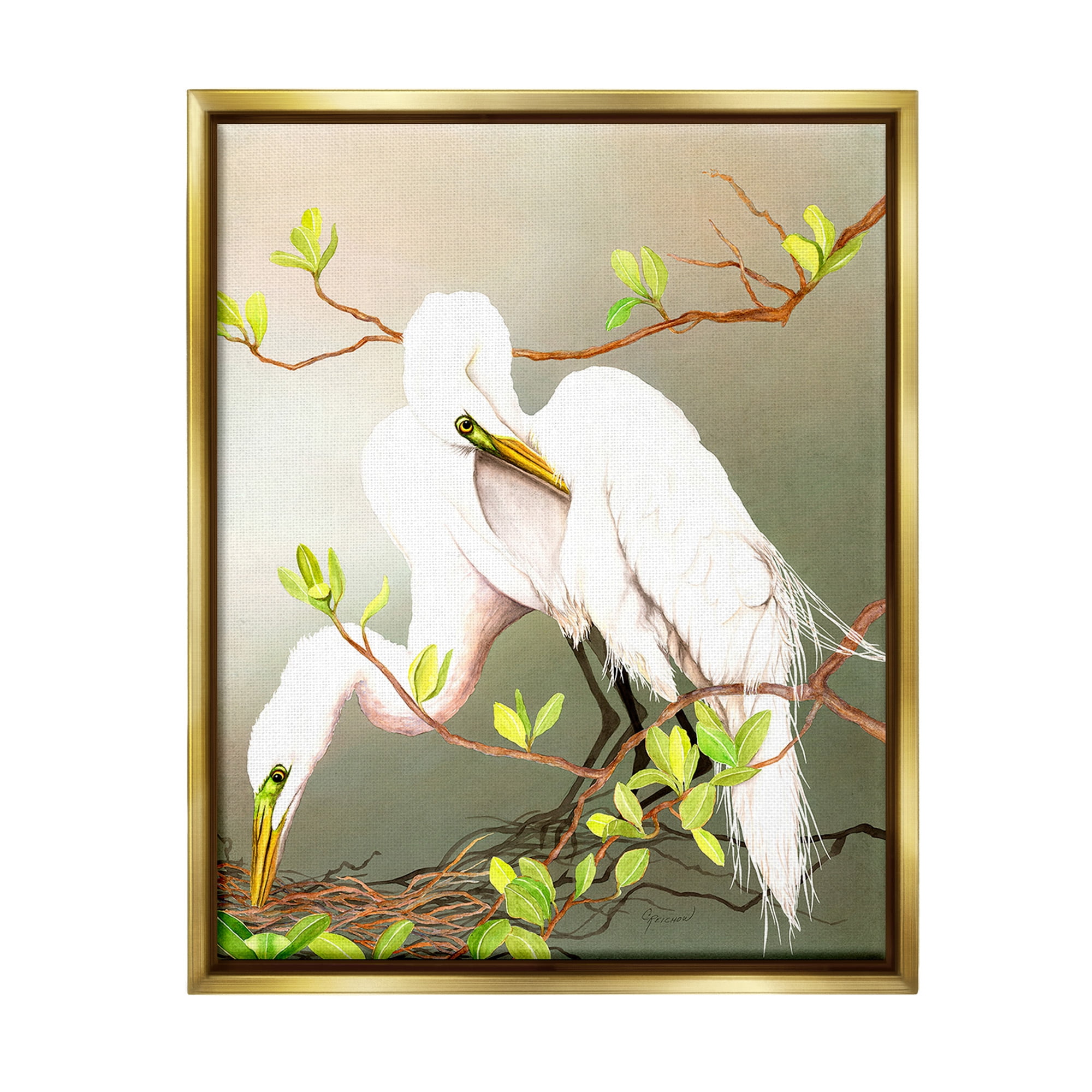 Stupell Industries Gazing Egrets on Branch Animals & Insects Painting Gold Floater Framed Canvas Art Print Wall Art, 17 x 21