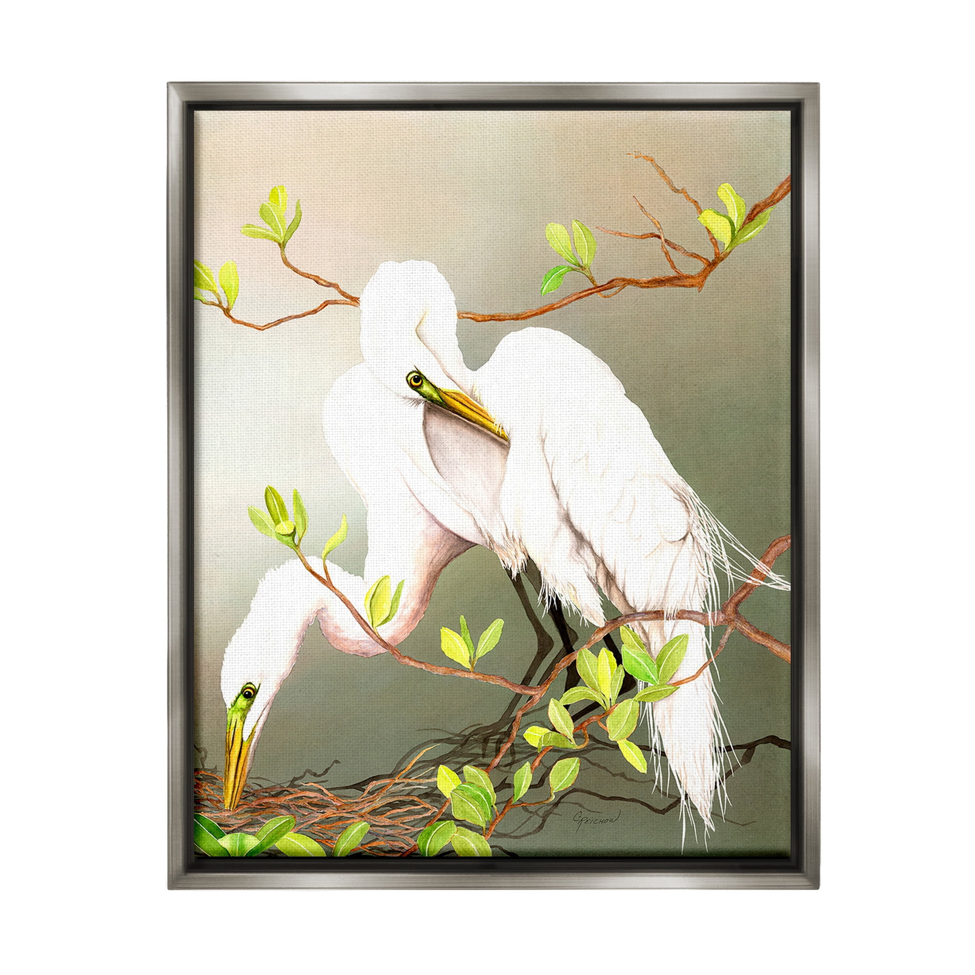 Stupell Industries Gazing Egrets on Branch Animals & Insects Painting Gray Floater Framed Canvas Art Print Wall Art, 17 x 21