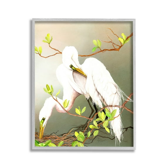 Stupell Industries Gazing Egrets on Branch Animals & Insects Painting Gray Framed Art Print Wall Art, 11 x 14