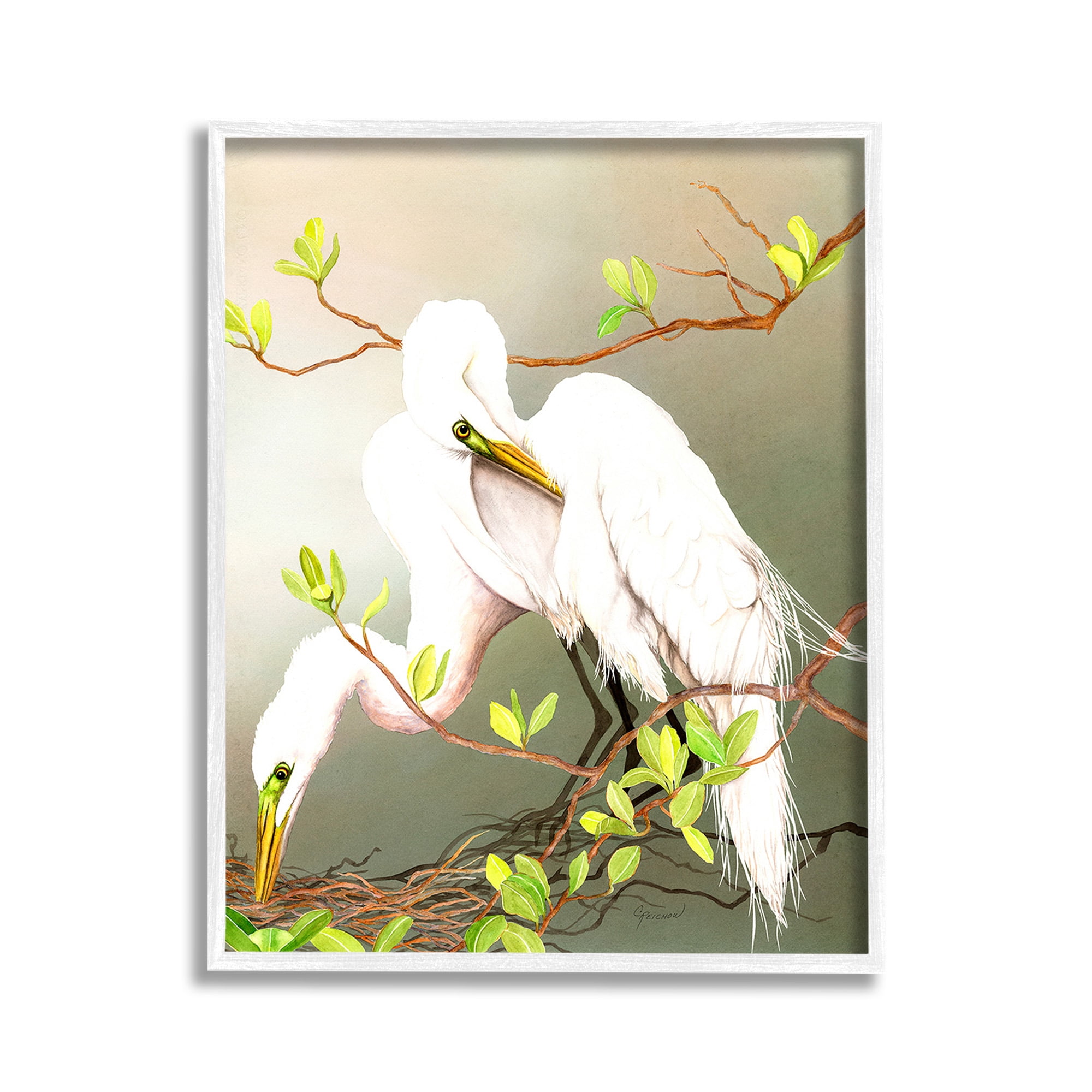 Stupell Industries Gazing Egrets on Branch Animals & Insects Painting White Framed Art Print Wall Art, 11 x 14