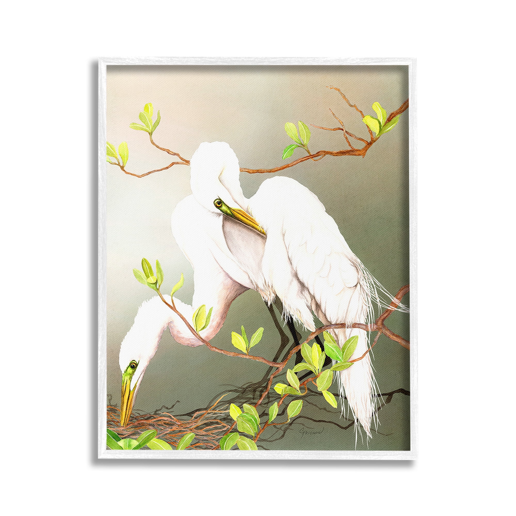 Stupell Industries Gazing Egrets on Branch Animals & Insects Painting White Framed Art Print Wall Art, 16 x 20