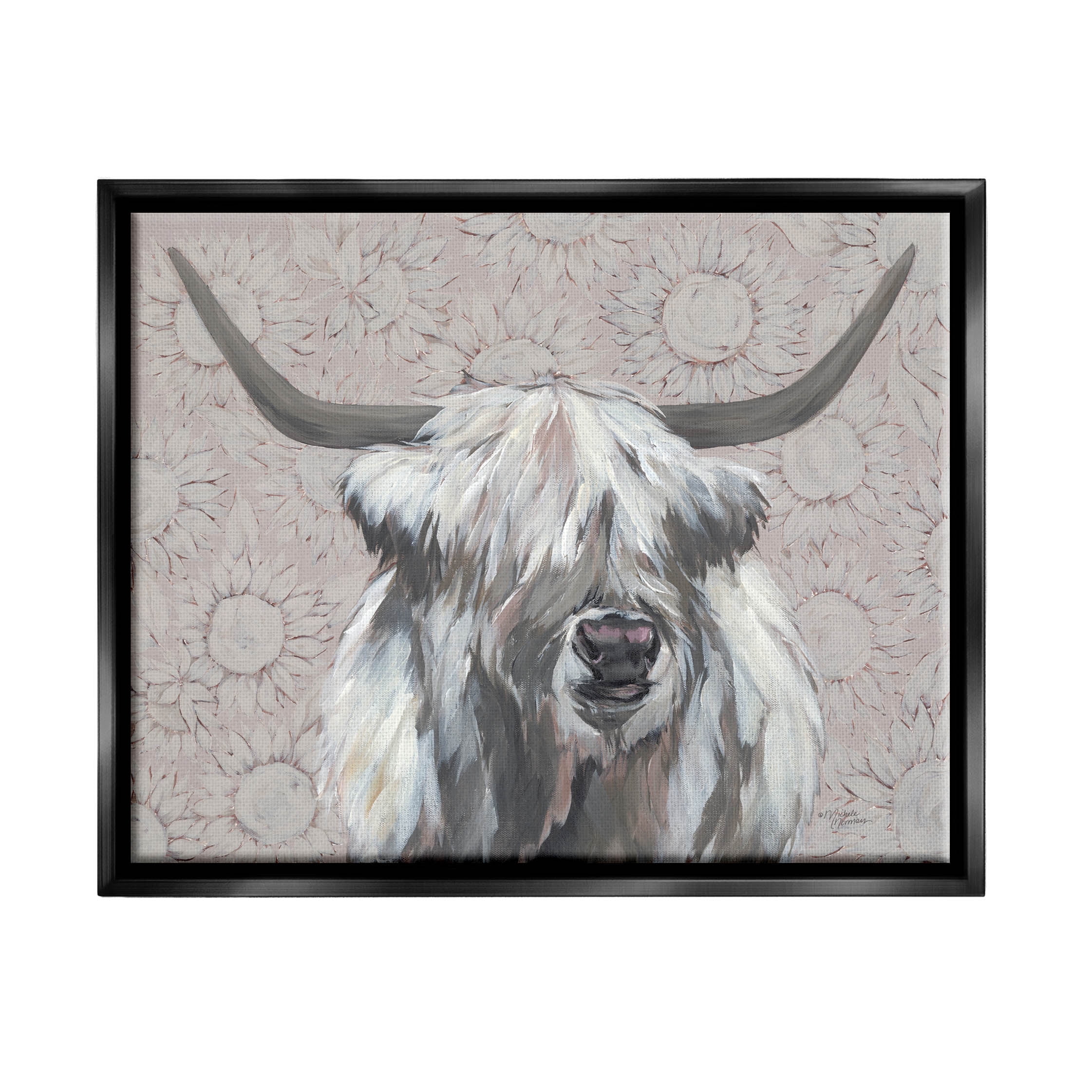 Stupell Industries Gazing Highland Cattle Sunflower Pattern Painting Jet Black Floating Framed Canvas Print Wall Art, Design by Michele Norman