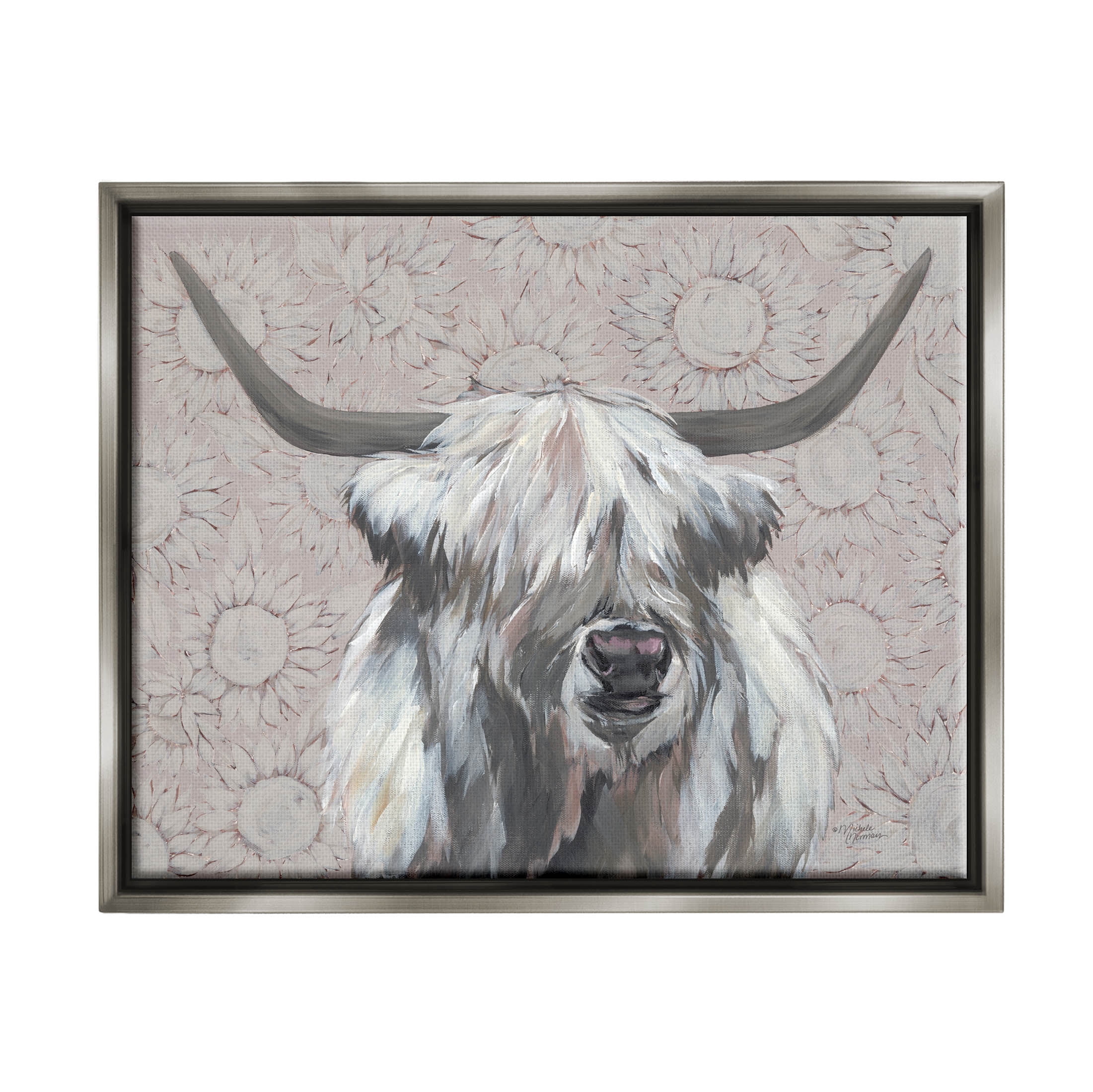 Stupell Industries Gazing Highland Cattle Sunflower Pattern Painting Luster Gray Floating Framed Canvas Print Wall Art, Design by Michele Norman