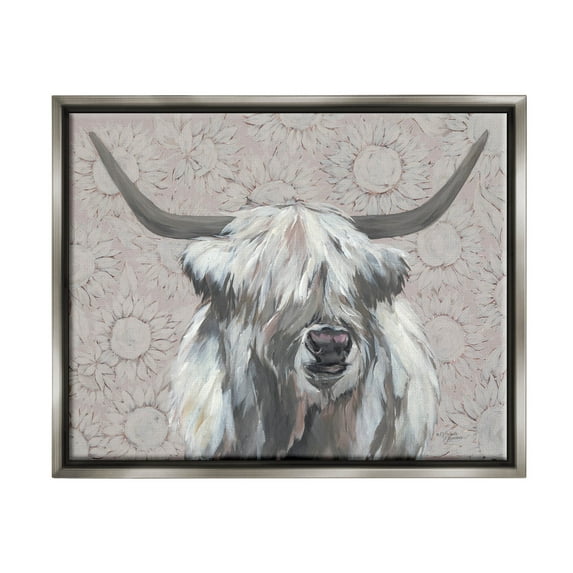 Stupell Industries Gazing Highland Cattle Sunflower Pattern Painting Luster Gray Floating Framed Canvas Print Wall Art, Design by Michele Norman