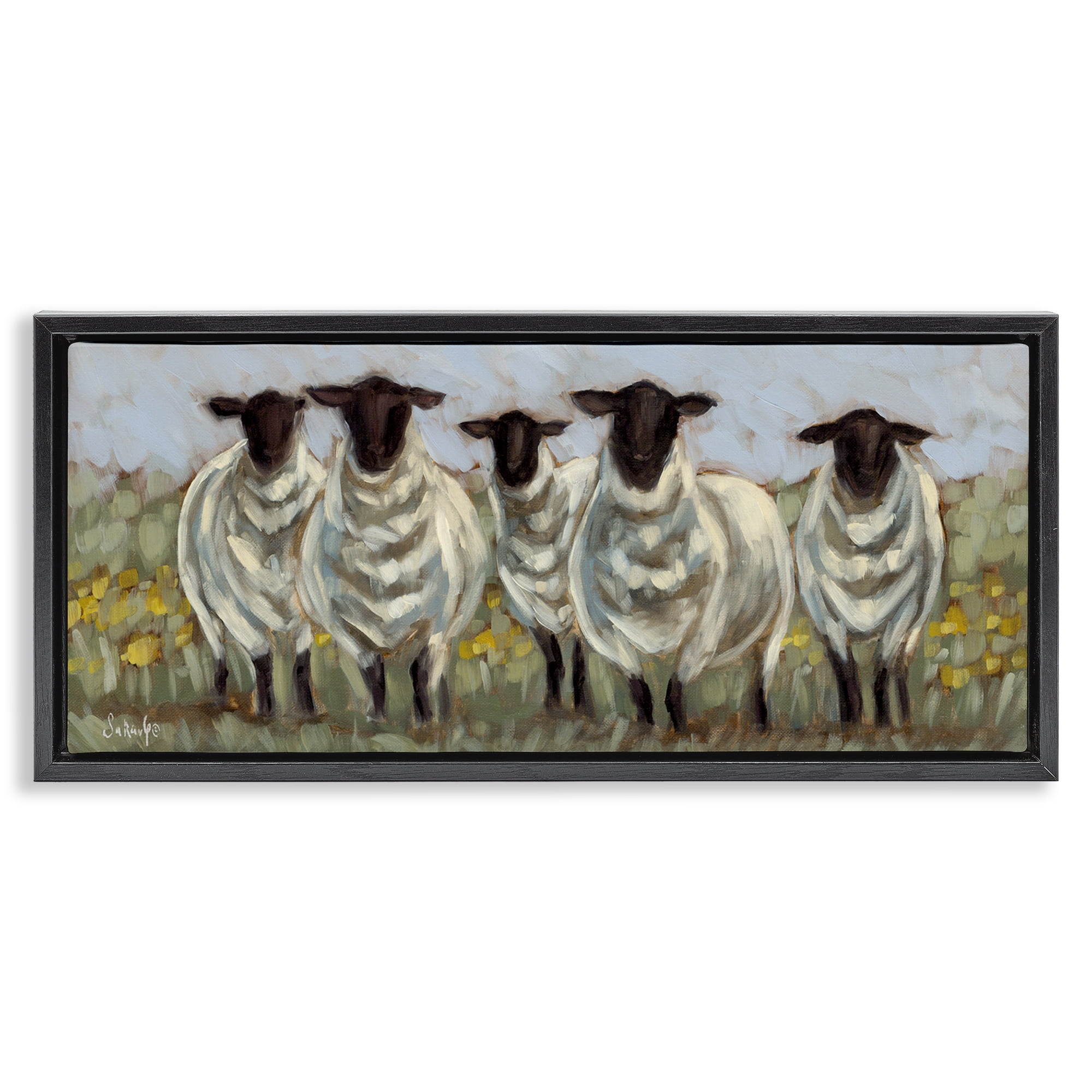Stupell Industries Gazing Sheep Impression Animals Painting Black Floater Framed Canvas Art Print Wall Art, 31 x 14