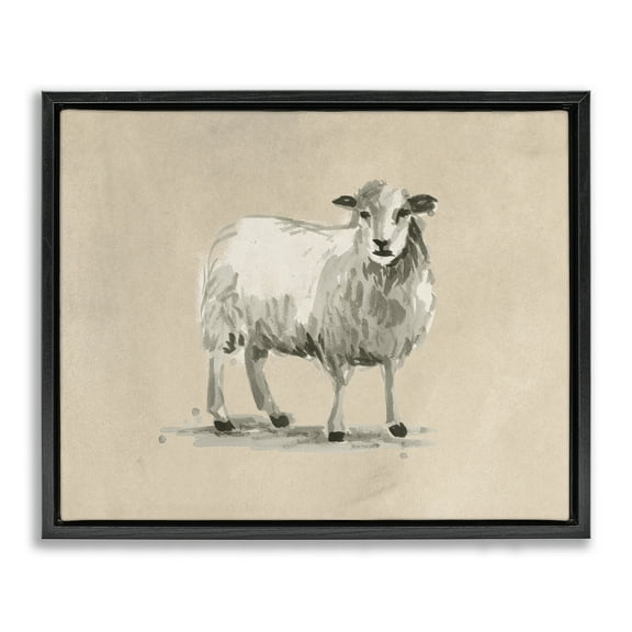 Stupell Industries Gazing Sheep on Beige Animals & Insects Painting Black Floater Framed Canvas Art Print Wall Art, 21 x 17