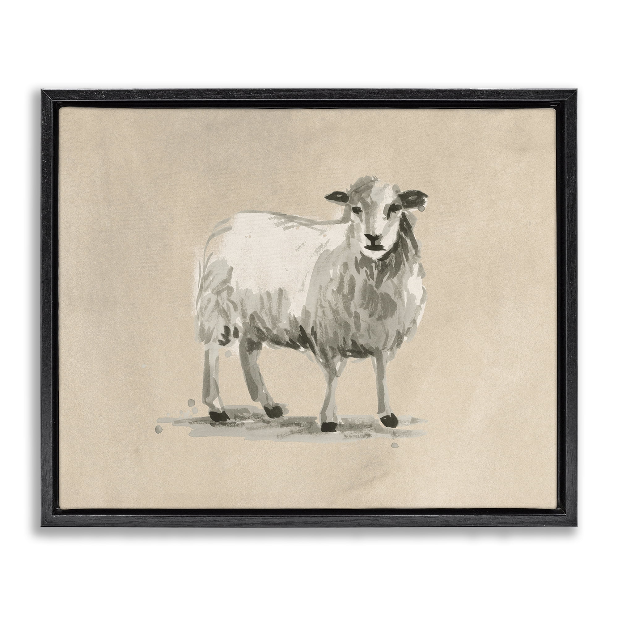 Stupell Industries Gazing Sheep on Beige Animals & Insects Painting Black Floater Framed Canvas Art Print Wall Art, 31 x 25