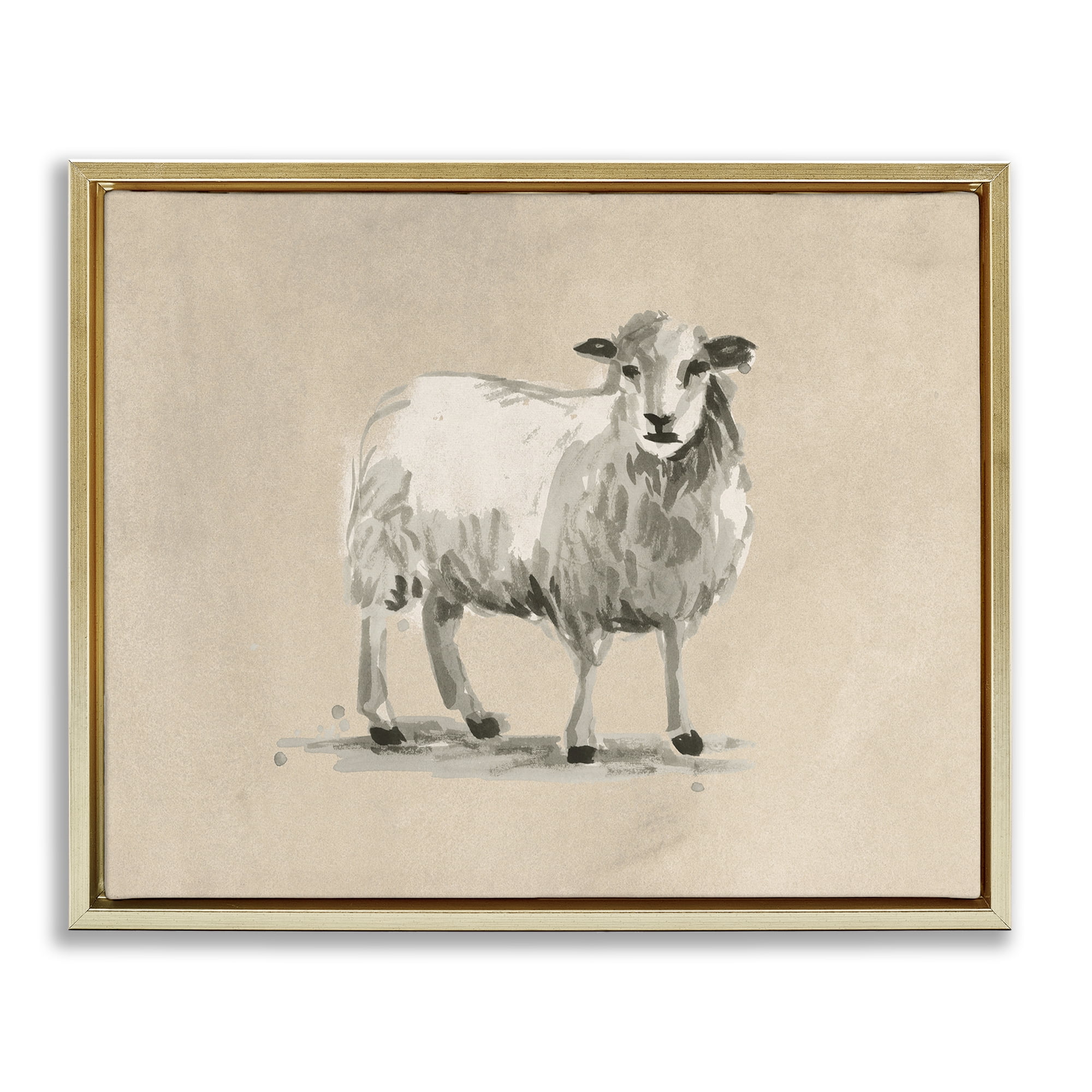 Stupell Industries Gazing Sheep on Beige Animals & Insects Painting Gold Floater Framed Canvas Art Print Wall Art, 21 x 17
