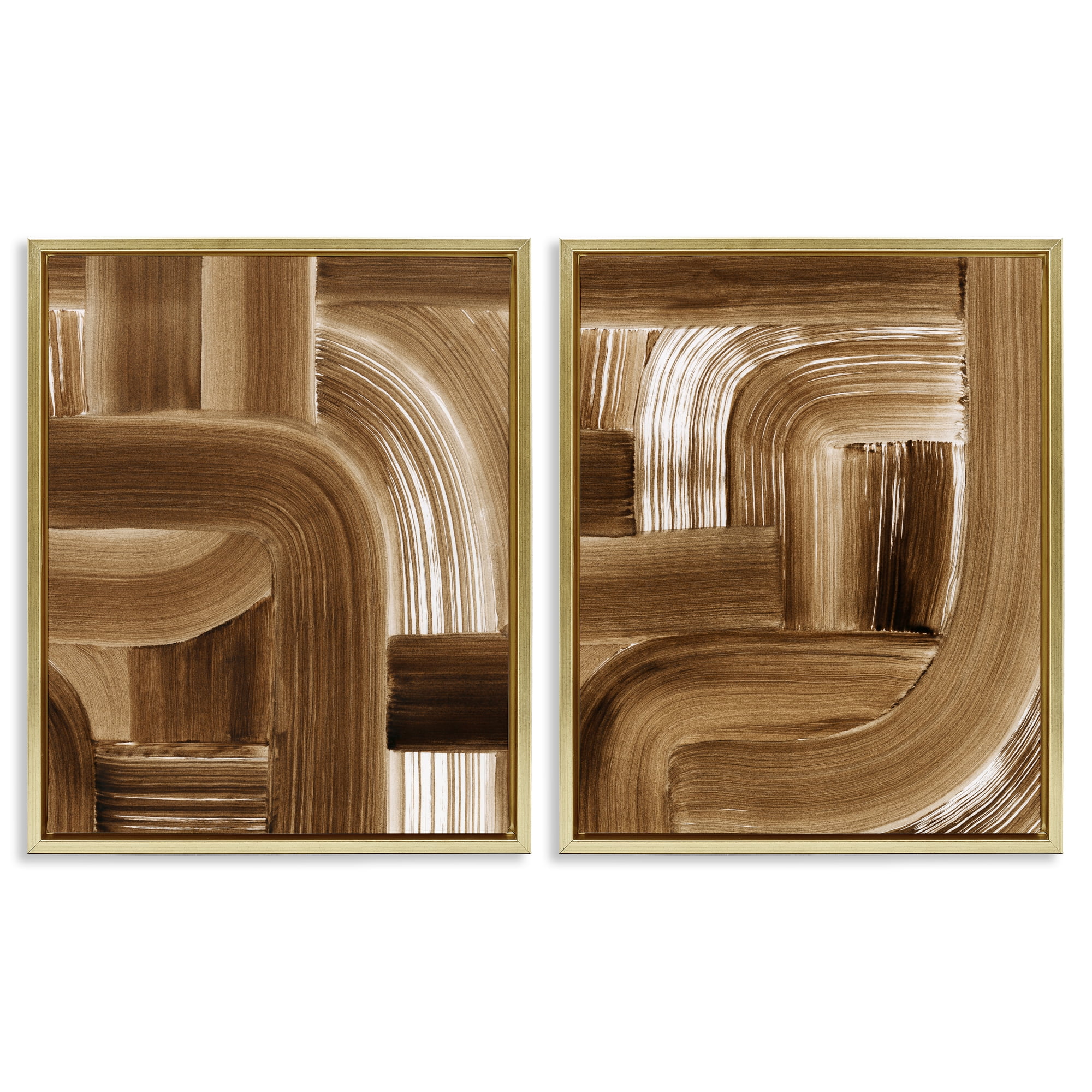 Stupell Industries Gentle Brown Brushstrokes Abstract Painting Gold Floater Framed Canvas Art Print Wall Art, 17 x 21, Set of 2