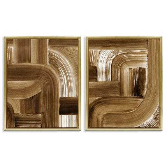 Stupell Industries Gentle Brown Brushstrokes Abstract Painting Gold Floater Framed Canvas Art Print Wall Art, 17 x 21, Set of 2