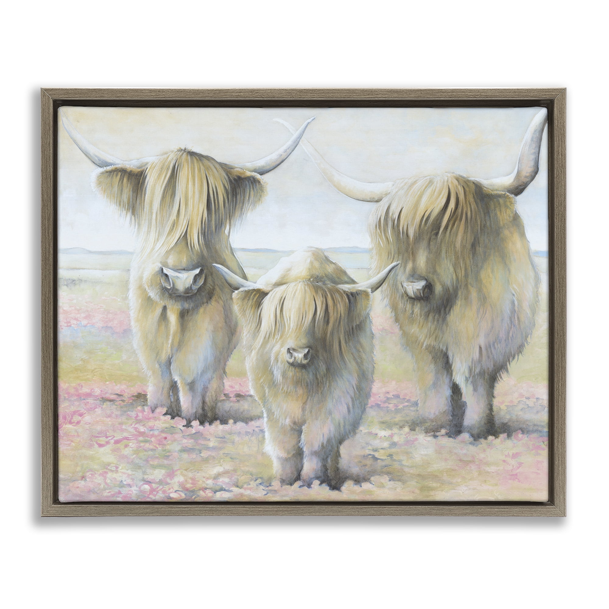 Stupell Industries Gentle Cattle Trio Animals & Insects Painting Brown Floater Framed Canvas Art Print Wall Art, 31 x 25