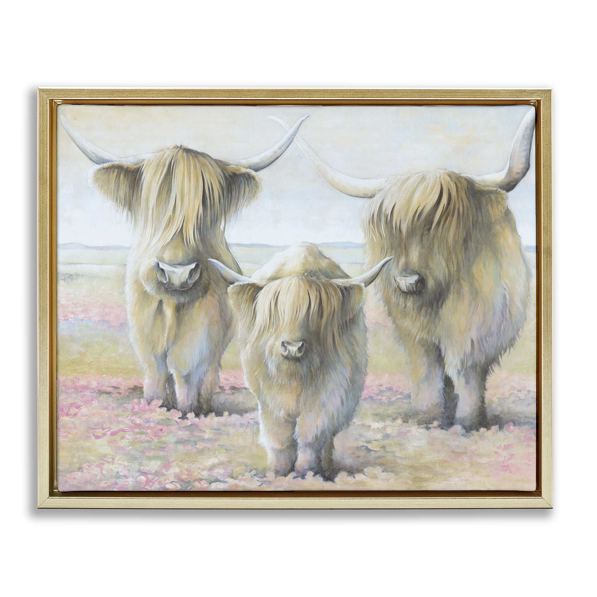 Stupell Industries Gentle Cattle Trio Animals & Insects Painting Gold Floater Framed Canvas Art Print Wall Art, 31 x 25