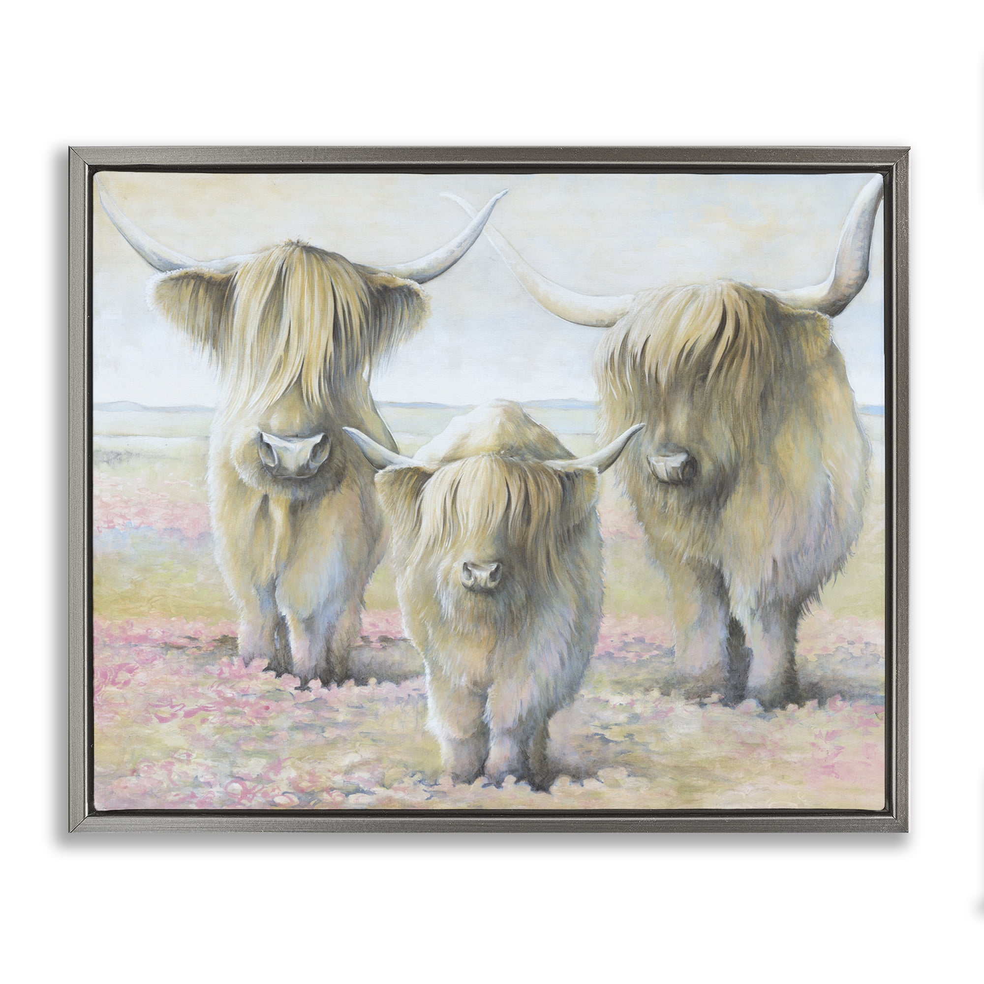 Stupell Industries Gentle Cattle Trio Animals & Insects Painting Gray Floater Framed Canvas Art Print Wall Art, 21 x 17