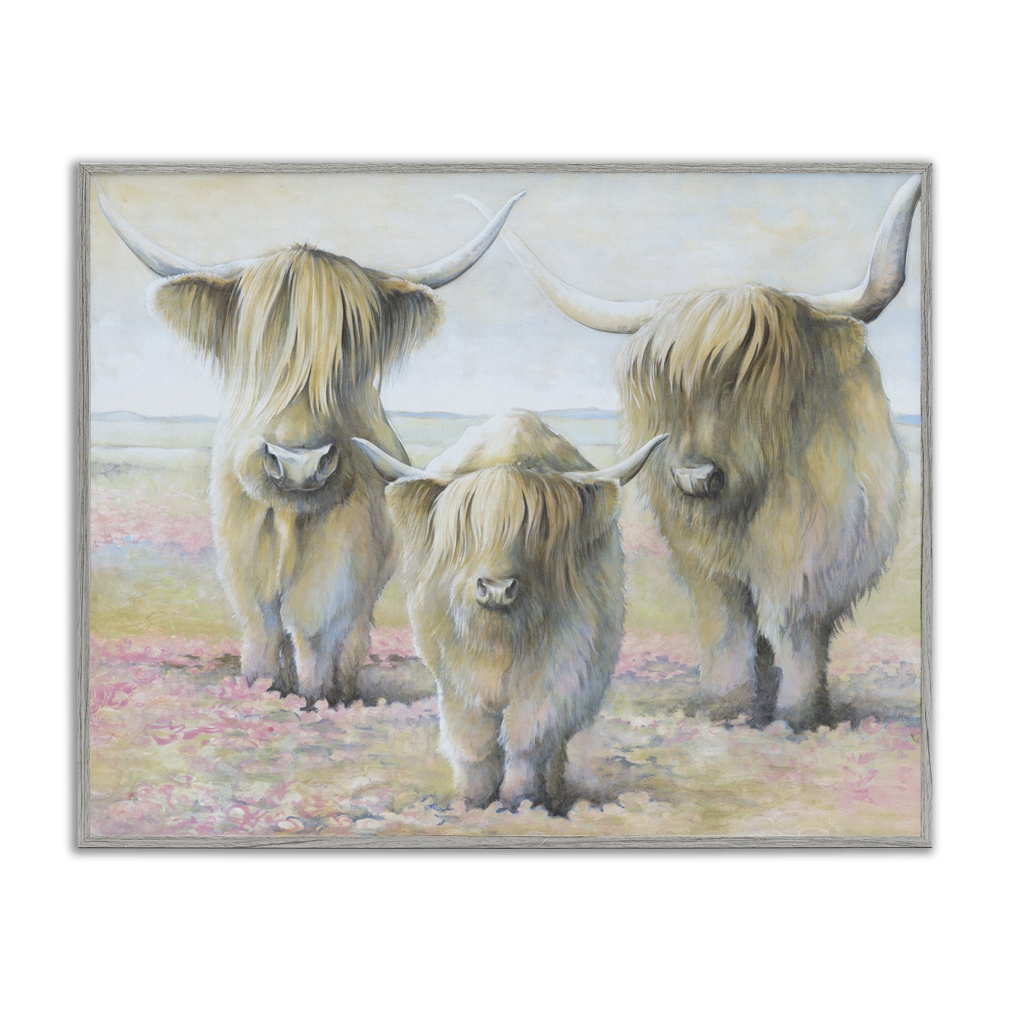 Stupell Industries Gentle Cattle Trio Animals & Insects Painting Gray Framed Art Print Wall Art, 14 x 11