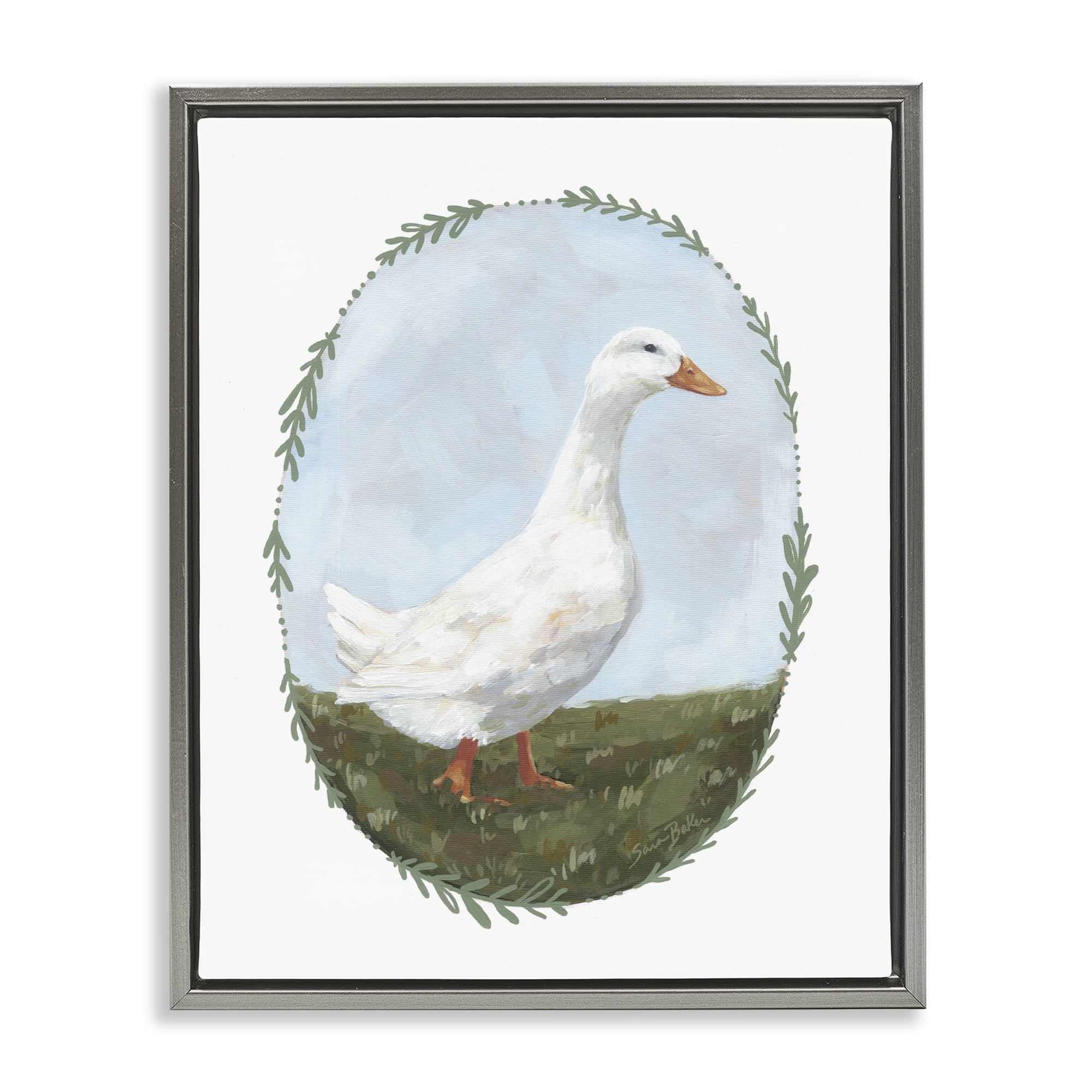 Stupell Industries Gentle Duck in Meadow Gray Framed Floater Canvas Wall Art, design by Sara Baker