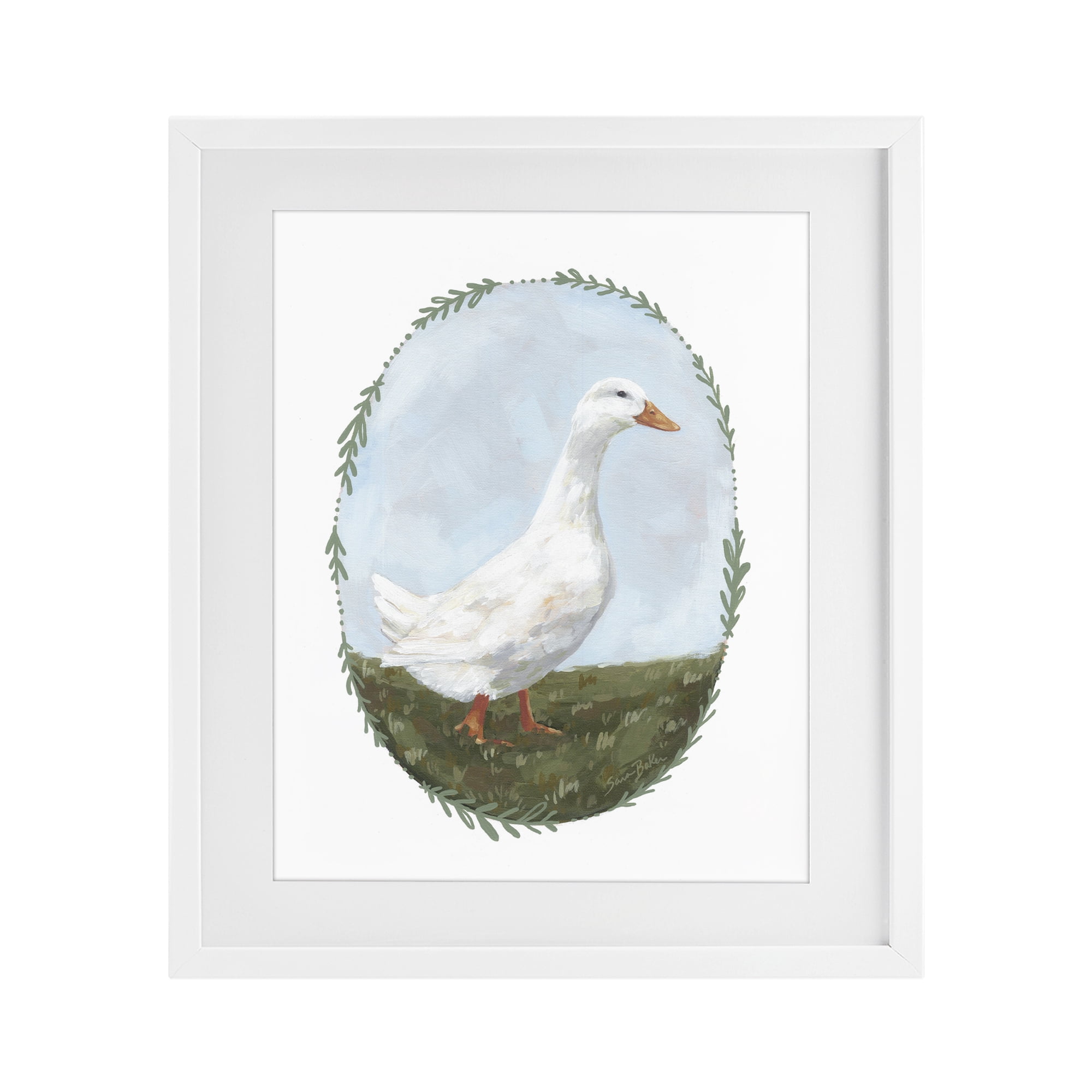Stupell Industries Gentle Duck in Meadow White Framed Print Under Glass, design by Sara Baker