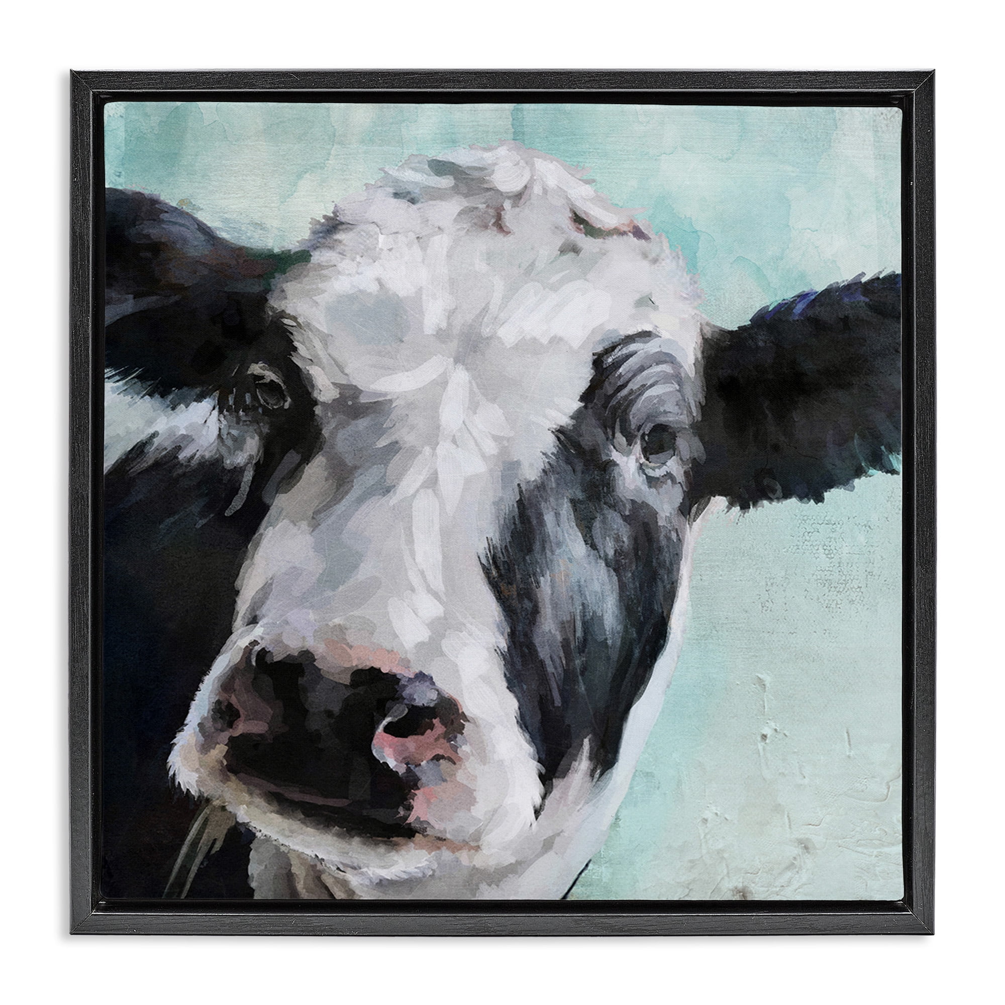Stupell Industries Gentle Farm Cow Painting on Blue Animals & Insects Painting Black Floater Framed Canvas Art Print Wall Art, 18 x 18