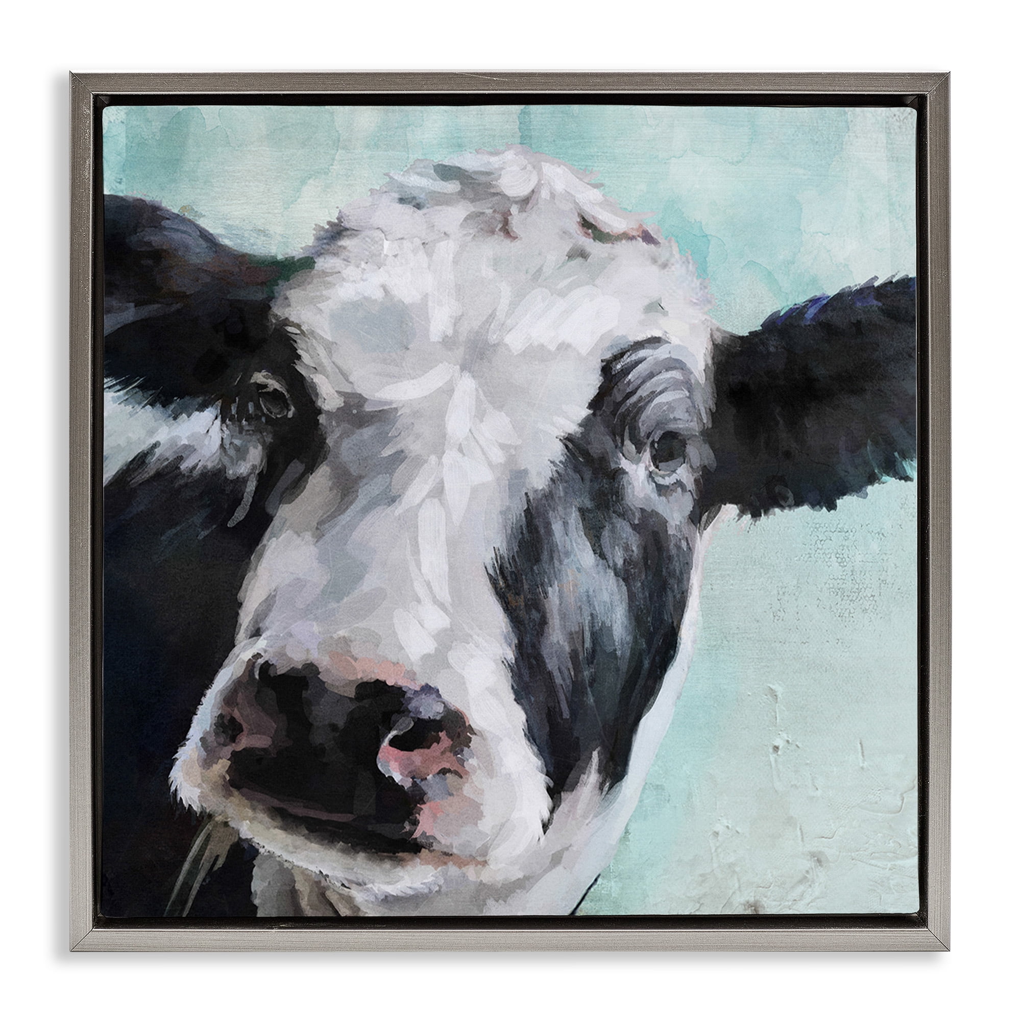 Stupell Industries Gentle Farm Cow Painting on Blue Animals & Insects Painting Gray Floater Framed Canvas Art Print Wall Art, 18 x 18