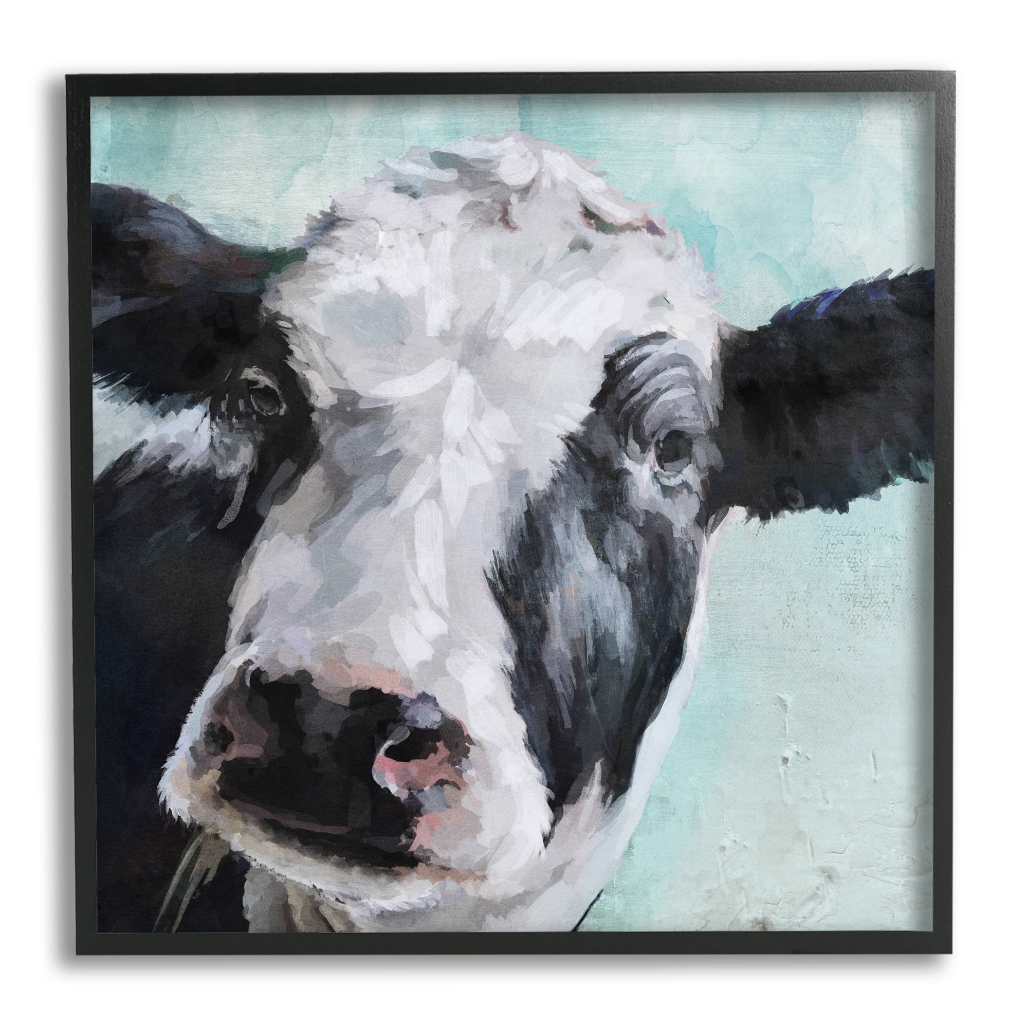 Stupell Industries Gentle Farm Cow Painting on Blue Black Framed Art Print Wall Art, 24x24, by Main Line Studio
