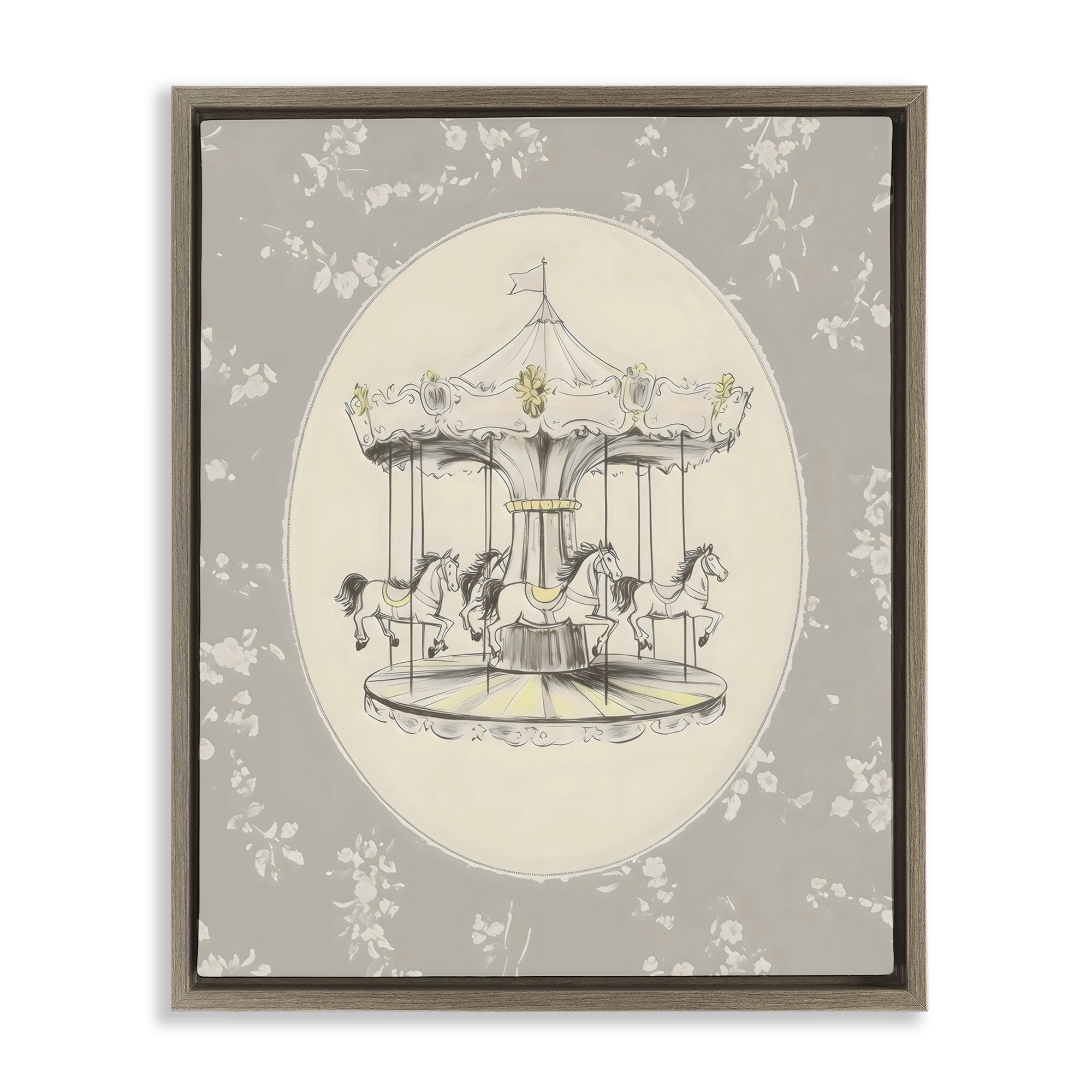 Stupell Industries Gentle Floral Carousel Brown Framed Floater Canvas Wall Art, design by Arlington Prints