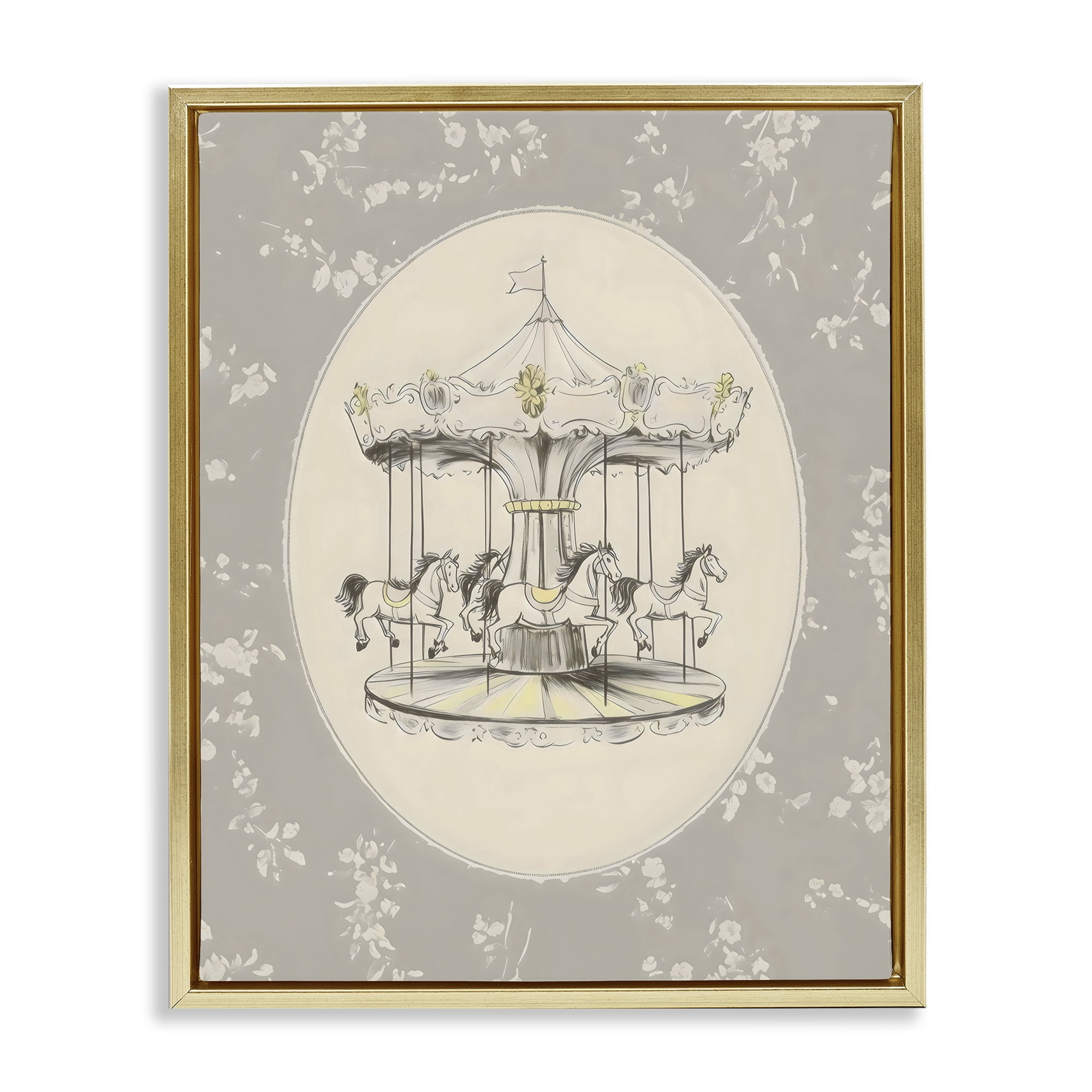 Stupell Industries Gentle Floral Carousel Gold Framed Floater Canvas Wall Art, design by Arlington Prints