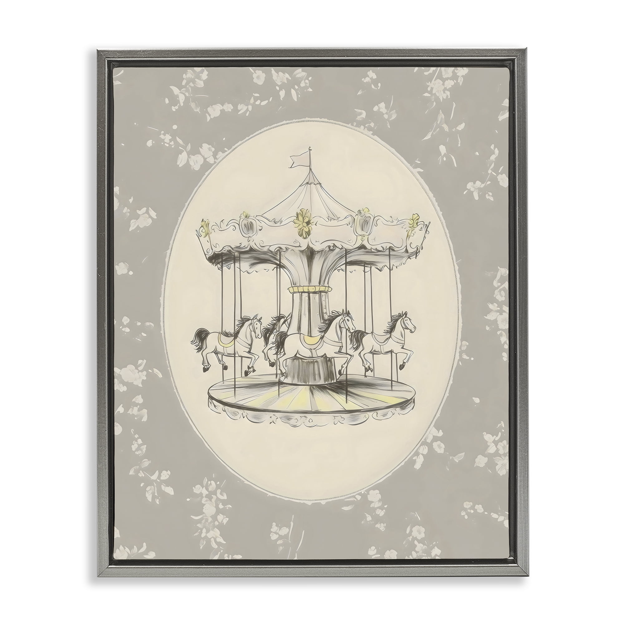 Stupell Industries Gentle Floral Carousel Gray Framed Floater Canvas Wall Art, design by Arlington Prints