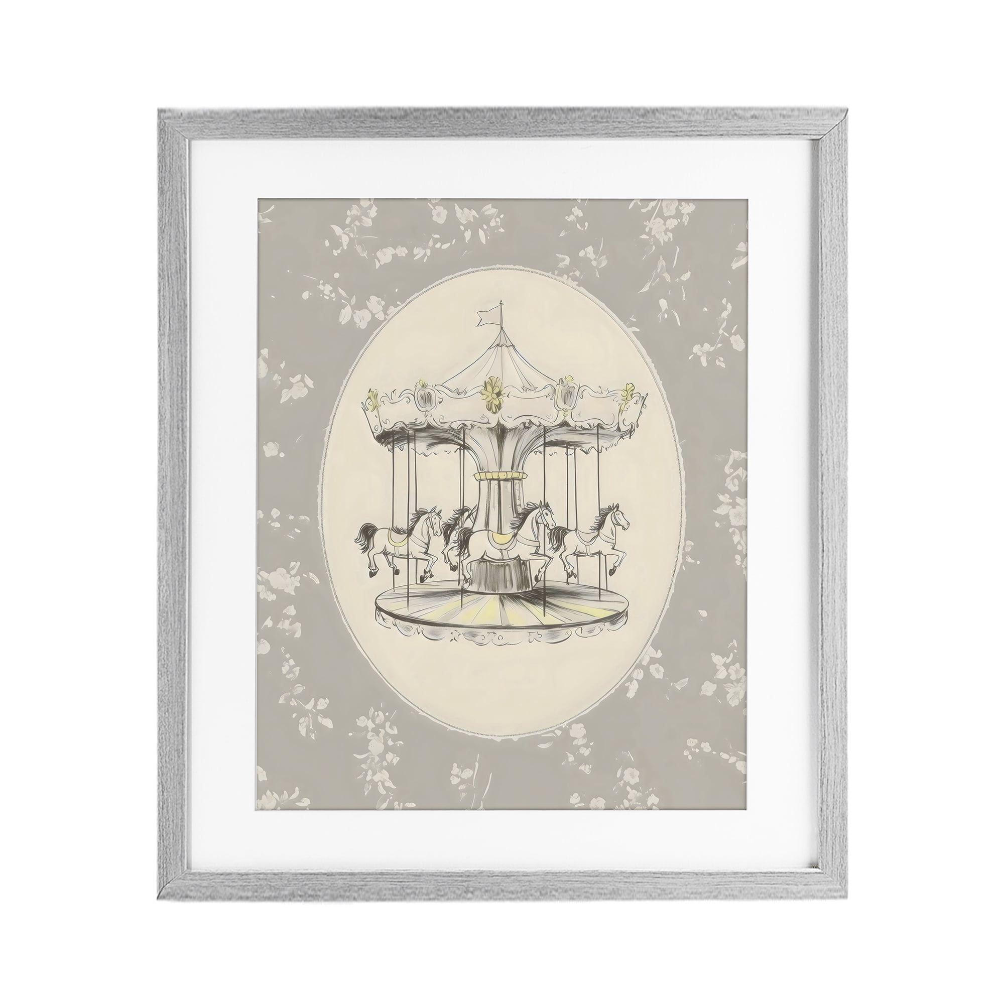 Stupell Industries Gentle Floral Carousel Gray Framed Print Under Glass, design by Arlington Prints