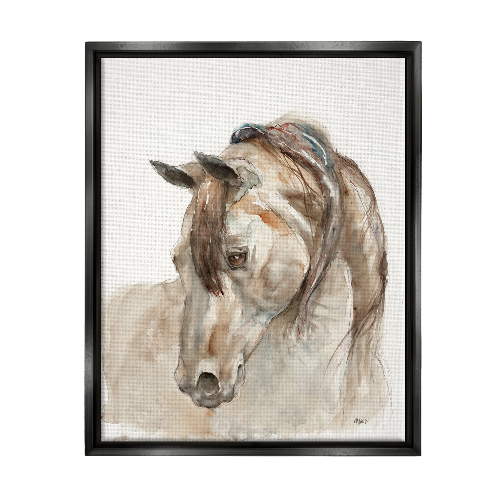 Stupell Industries Gentle Horse Portrait Farm Animal Watercolor Detail Painting Jet Black Floating Framed Canvas Print Wall Art, Design by Patti Mann