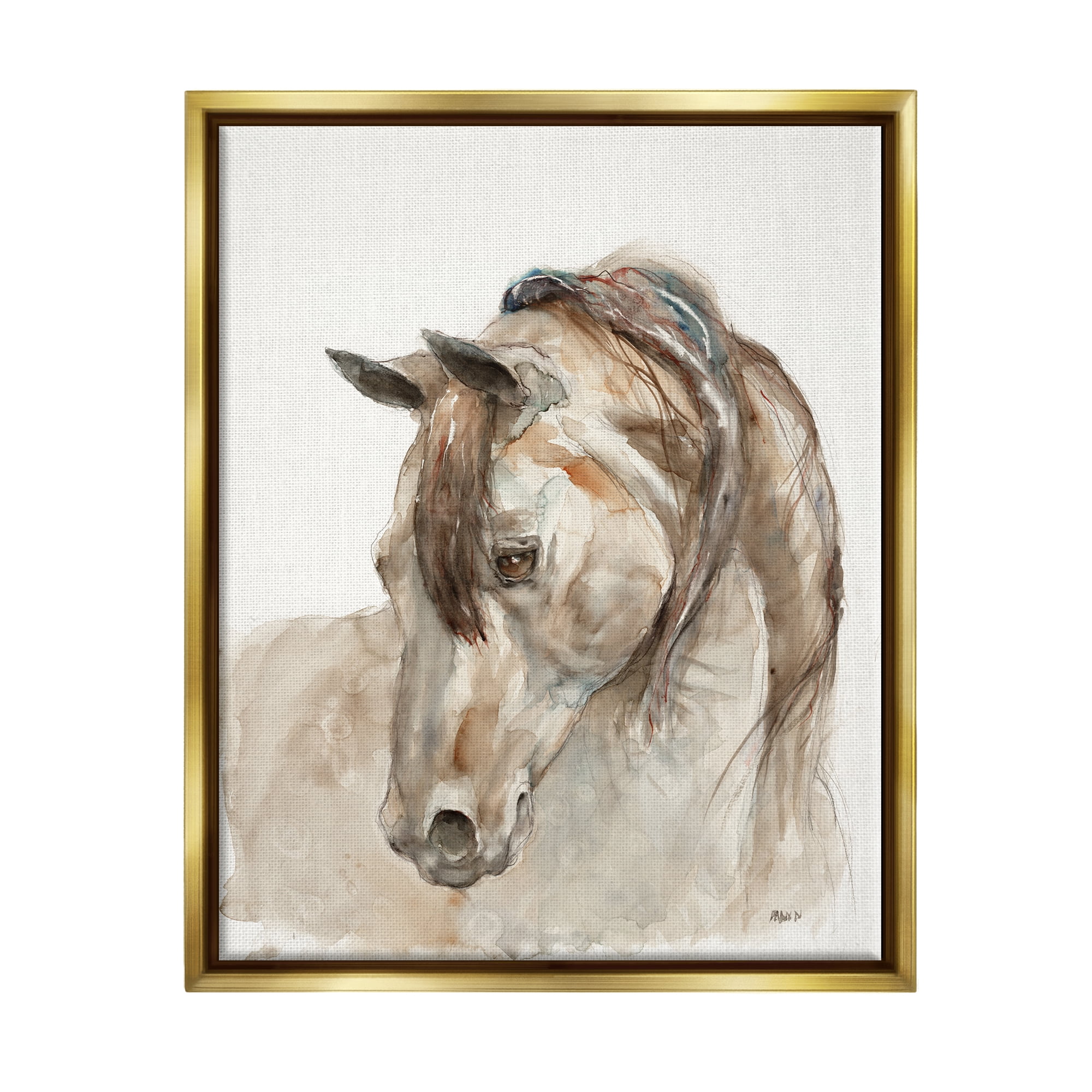 Stupell Industries Gentle Horse Portrait Farm Animal Watercolor Detail Painting Metallic Gold Floating Framed Canvas Print Wall Art, Design by Patti Mann