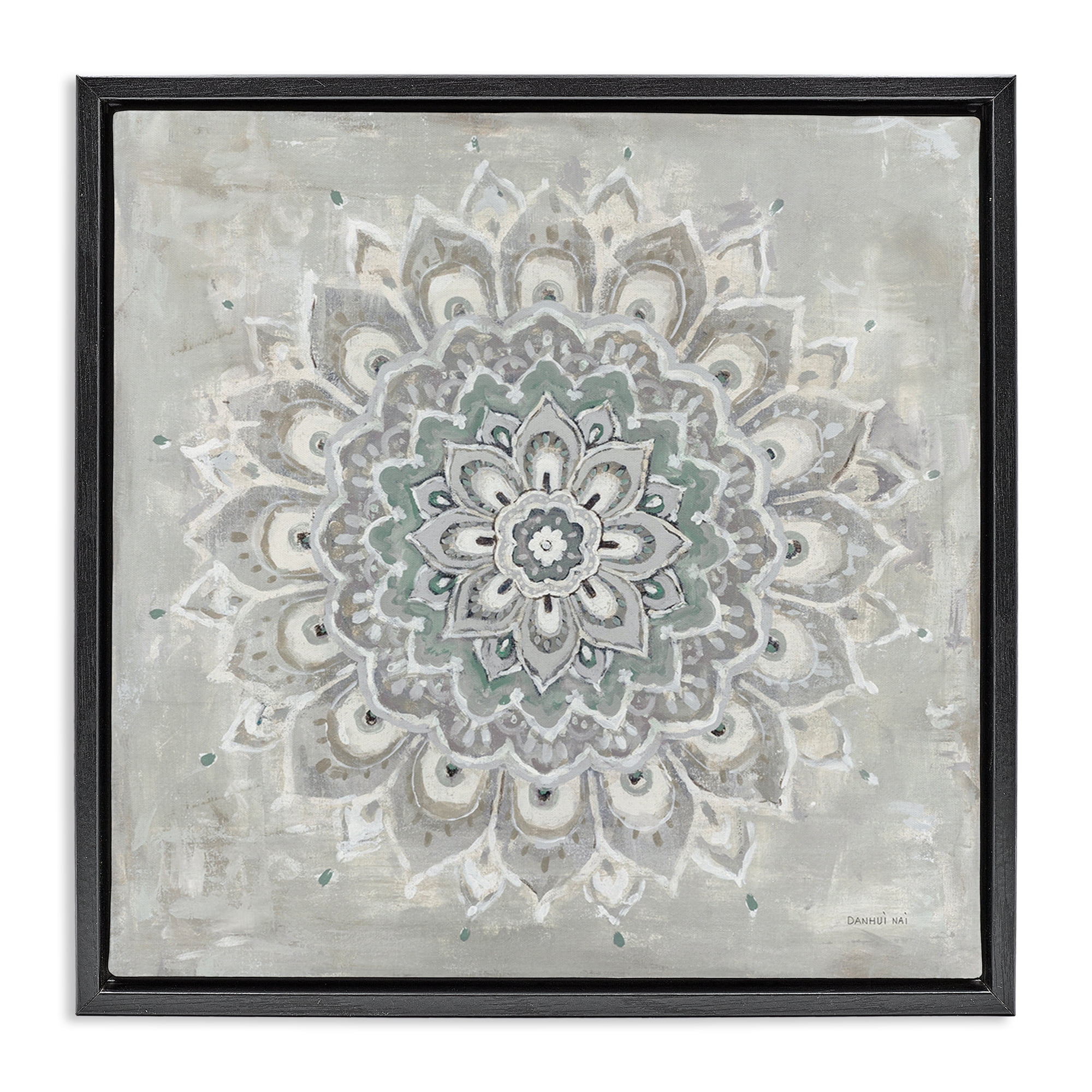 Stupell Industries Gentle Mandala Flower Abstract Painting Black Floater Framed Canvas Art Print Wall Art, 25 x 25